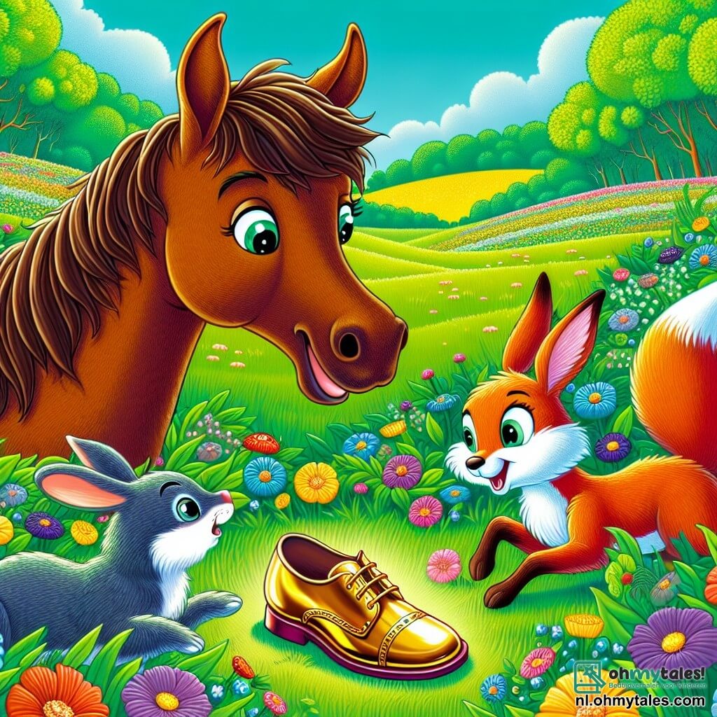 Une illustration sous forme de dessin destinée aux enfants représentant un vaste et coloré pré verdoyant, où un cheval brun à la crinière flottante, avec des yeux pétillants de curiosité, découvre une grande chaussure dorée scintillante au milieu des fleurs, tandis qu'un renard rusé à la fourrure rousse et un joyeux lapin aux grandes oreilles s'approchent avec des expressions d'émerveillement, tous trois prêts à partir ensemble à la recherche de l'origine mystérieuse de cette chaussure magique.