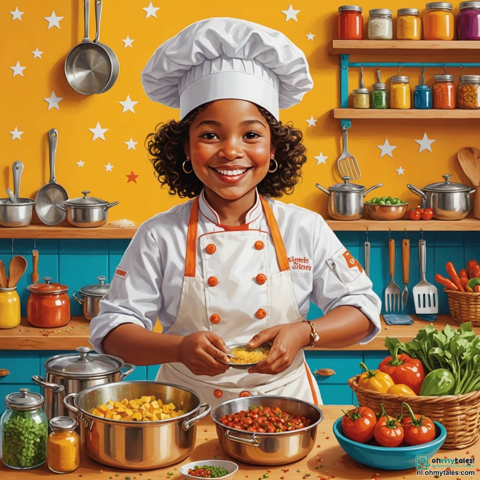 Une illustration destinée aux enfants représentant une chef cuisinière pétillante et souriante, avec une toque blanche ornée de petites étoiles scintillantes, debout dans sa cuisine colorée aux murs peints en jaune vif, remplie de pots d'épices aux couleurs éclatantes, de légumes frais disposés dans des paniers en osier, et de casseroles en cuivre brillantes suspendues au-dessus d'un grand plan de travail en bois, où elle enseigne avec passion l'art de la cuisine à trois enfants enthousiastes, deux garçons aux cheveux bouclés et une fille aux tresses, qui s'affairent autour d'une grande table recouverte de livres de recettes illustrés et de dessins colorés, alors qu'ils s'apprêtent à créer ensemble des plats savoureux et magiques pour un grand festin qui rassemblera tout le village.