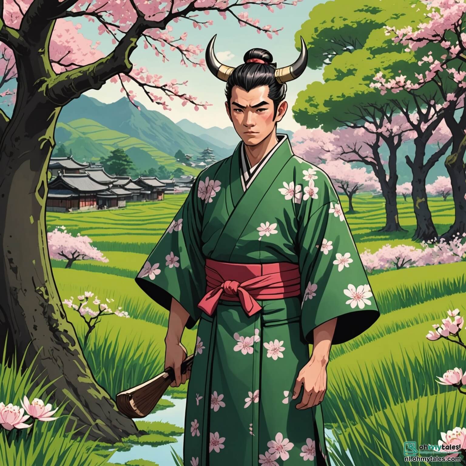 Une illustration destinée aux enfants représentant un homme au visage doux et rêveur, vêtu d'un kimono simple aux motifs de fleurs de cerisier, travaillant avec acharnement dans ses champs verdoyants de riz, entouré de majestueux arbres en fleurs aux pétales roses virevoltant dans l'air, tandis qu'une grande ombre menaçante, celle d'un Oni à la peau rouge et aux cornes proéminentes, se profile derrière lui, et à ses côtés, un Kappa espiègle, avec sa carapace verte et son sourire malicieux, se prépare à l'aider dans une quête pour découvrir une mystérieuse richesse cachée dans une ancienne temple, le tout se déroulant dans un paisible village japonais, bercé par le chant des oiseaux et le murmure d'un ruisseau cristallin.