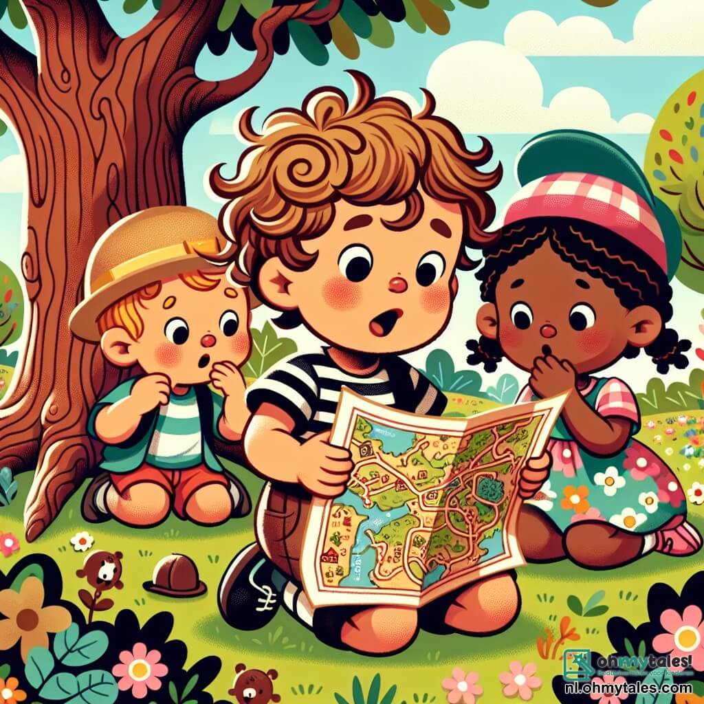 Une illustration sous forme de dessin destinée aux enfants représentant un parc ensoleillé avec une grande vieille chêne, où un garçon de 3 ans aux cheveux bouclés et aux yeux pétillants, portant un t-shirt rayé et un short, examine attentivement une carte au trésor, tandis que ses deux amis, une fille de 3 ans avec des tresses et une robe colorée, et un garçon de 4 ans avec une casquette et un t-shirt à motifs, regardent avec curiosité, tous trois plongés dans une aventure de chasse au trésor, entourés de fleurs colorées et de petits animaux curieux.