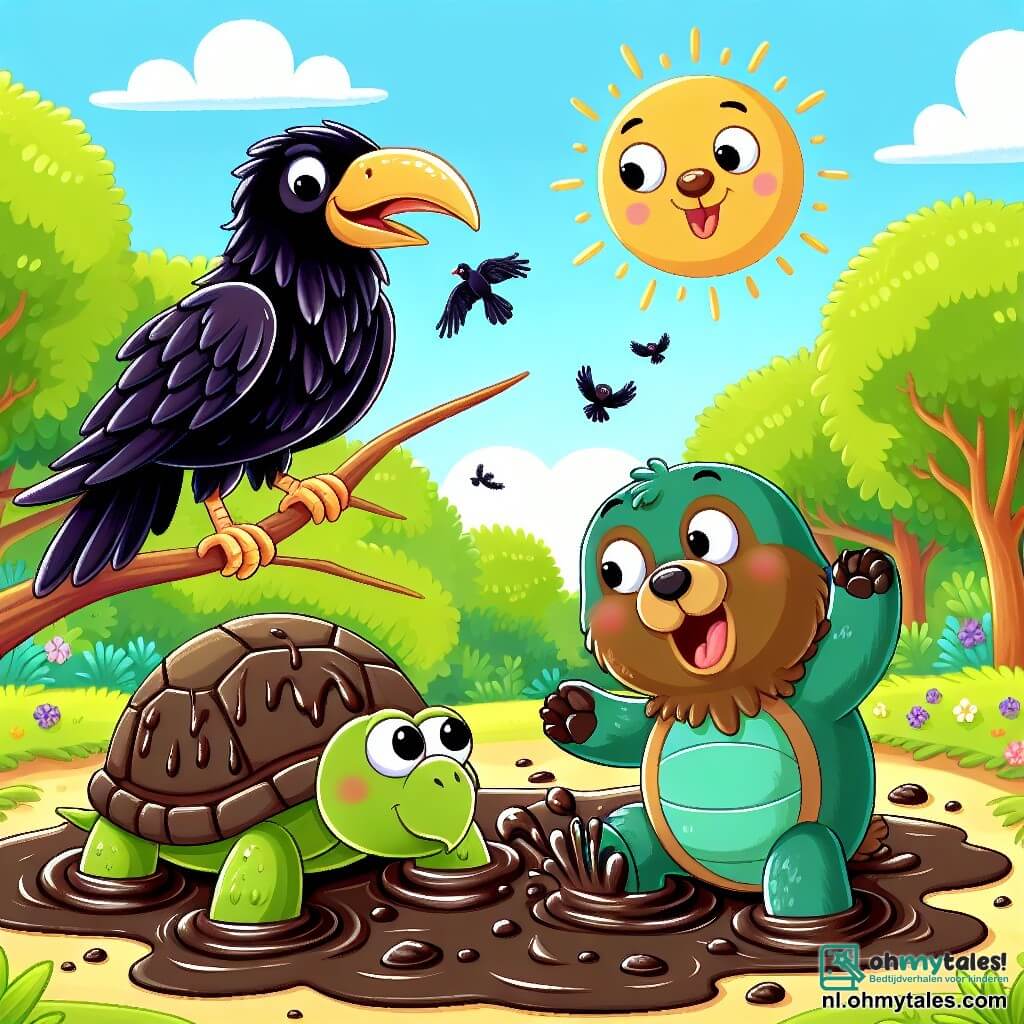 Une illustration sous forme de dessin destinée aux enfants représentant une scène ensoleillée dans un verdoyant bois, où un corbeau aux plumes noires brillantes, perché sur une branche, rit aux éclats en faisant une grimace drôle, tandis qu'un ours brun aux yeux ronds et une tortue verte, tous deux couverts de boue, se regardent avec surprise et amusement, alors qu'ils viennent de tomber dans un trou de boue après avoir été trompés par le corbeau, créant une atmosphère joyeuse et ludique.