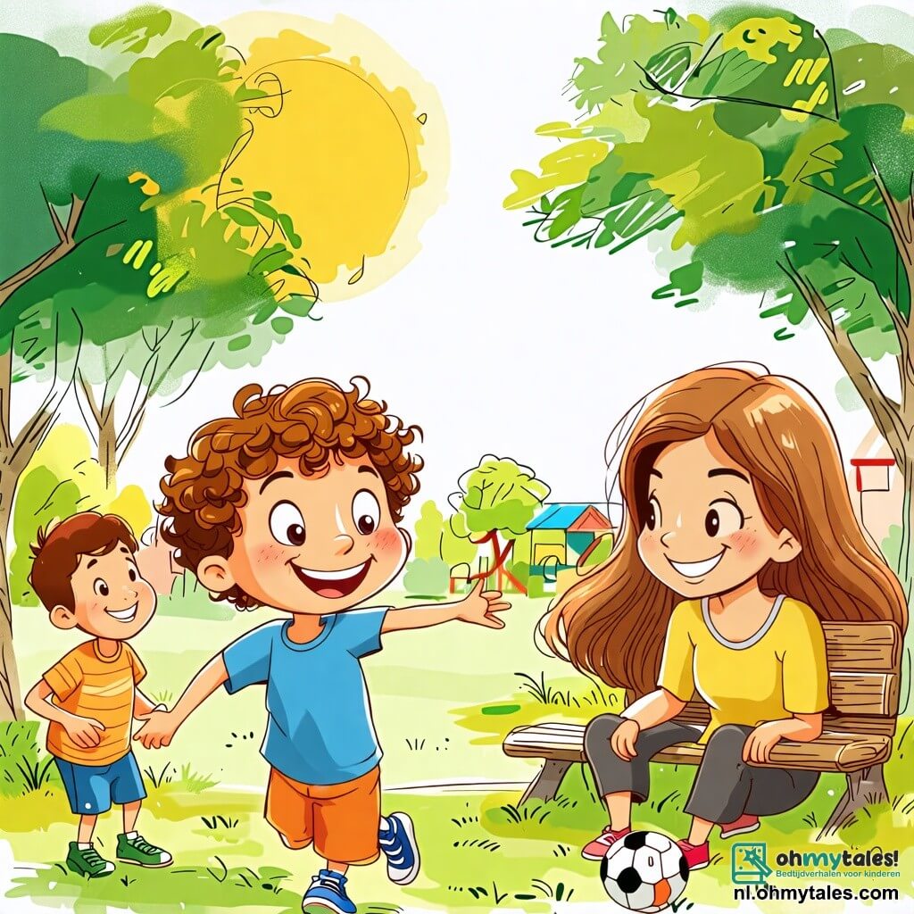 Une illustration sous forme de dessin destinée aux enfants représentant un parc ensoleillé avec des arbres verdoyants et une aire de jeux colorée, où un garçon de 7 ans aux cheveux bouclés et aux yeux pétillants joue joyeusement au ballon, tandis qu'un homme souriant, son père, aux cheveux bruns et portant un t-shirt décontracté, l'encourage depuis un banc, et une femme, sa mère, aux cheveux longs et blonds, les observe avec un sourire bienveillant, illustrant un moment de bonheur partagé malgré la séparation de ses parents.