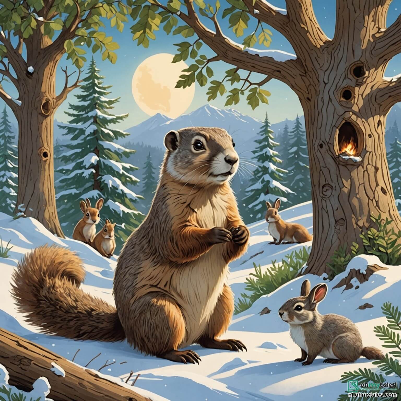 Une illustration destinée aux enfants représentant une marmotte au pelage doux et chatoyant, aux yeux pétillants de curiosité, se tenant fièrement devant son trou douillet creusé sous un majestueux chêne aux branches étendues, entourée de ses amis, une éekhoorn espiègle aux poils soyeux et un lapin au pelage blanc comme la neige, alors qu'ils s'apprêtent à vivre une aventure magique dans une forêt enchantée, où les rayons du soleil filtrent à travers le feuillage dense, illuminant les fleurs colorées qui dansent au gré du vent et où les chants des oiseaux résonnent comme une douce mélodie.