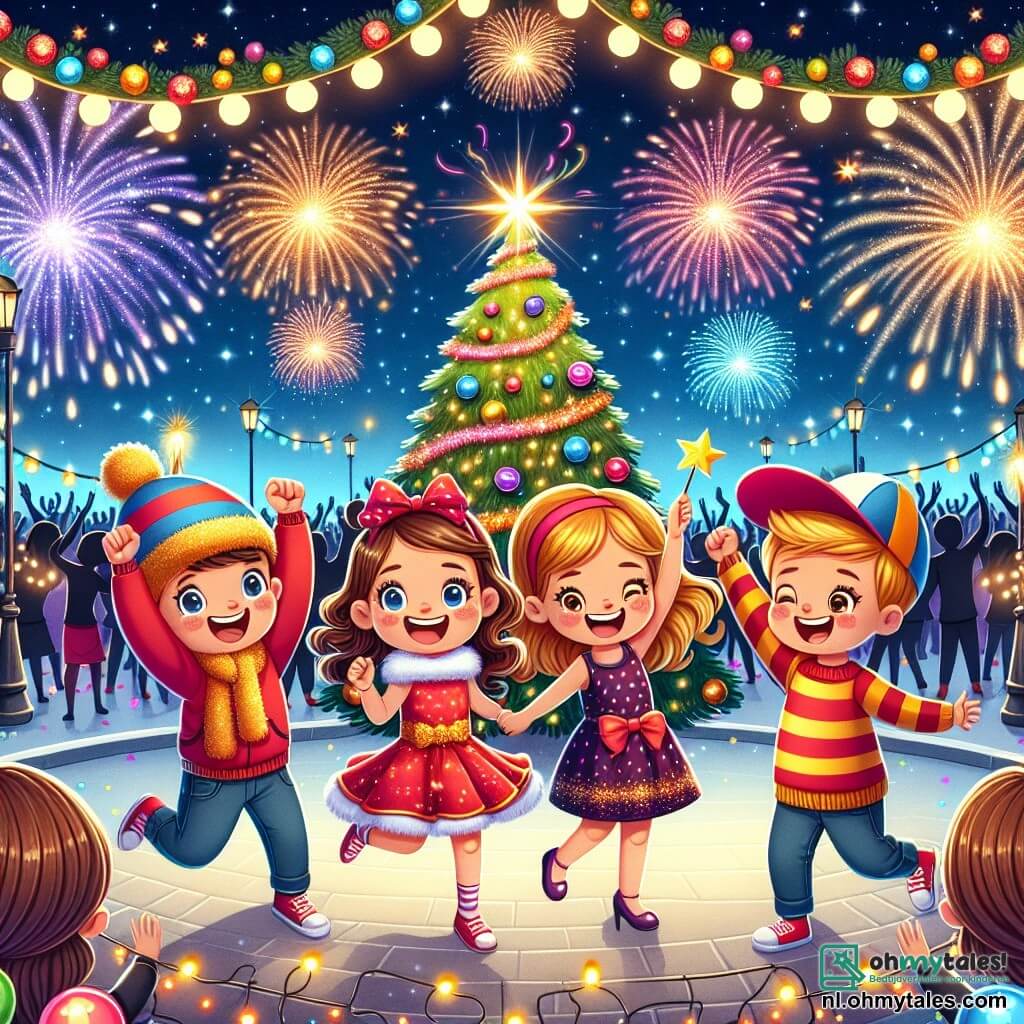 Illustratie van een feestelijke scène in een verlicht park voor de nieuwjaarsviering. De sterrenhemel is bezaaid met schitterende vuurwerk dat de nacht verlicht. In het midden staat een grote boom versierd met fonkelende slingers en kleurrijke ballen, omringd door gelach en vreugde. Drie hoofdpersonages staan op de voorgrond: een achtjarig meisje met bruin, krullend haar in een rode jurk en een grote glimlach, die een stralende ster in haar handen houdt. Naast haar staat een achtjarige jongen met een grappige pet en een gestreepte trui, die enthousiast zijn armen in de lucht steekt. Ten slotte is er nog een ander achtjarig meisje met een felroze sjaal, dat van blijdschap huppelt met haar blonde haren die om haar heen wervelen. De hoofdscène toont de kinderen die het nieuwjaar vieren, omringd door fonkelende lichten en mensen die vrolijk dansen. Kleurrijke ballonnen zweven in de lucht en tafels zijn gevuld met heerlijke lekkernijen zoals oliebollen. De sfeer is doordrenkt met magie en opwinding, die de geest van vriendschap en viering vangt.