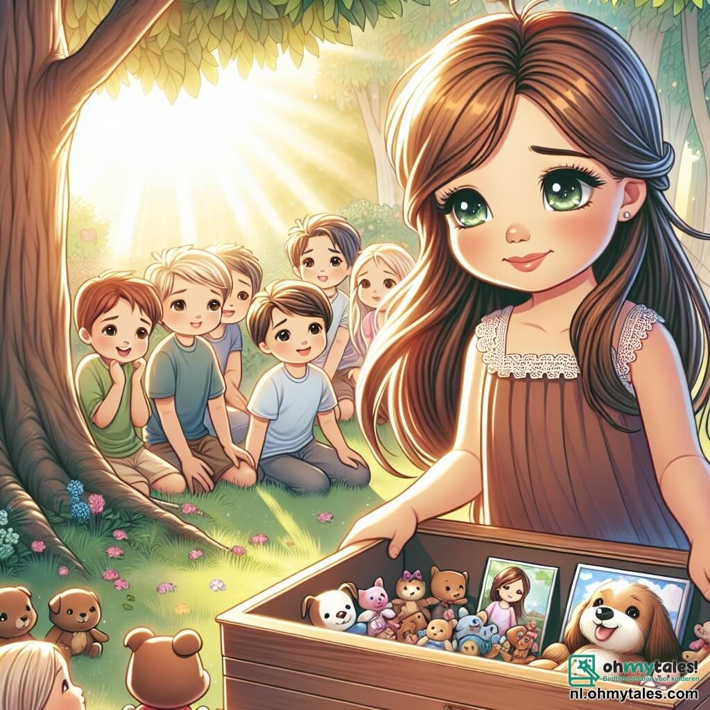 Une illustration sous forme de dessin destinée aux enfants représentant une scène émotive dans un jardin ensoleillé, où une fille de 11 ans aux longs cheveux châtains et aux yeux pétillants, assise à côté d'un grand arbre, tient une boîte à souvenirs remplie de photos et de jouets de son chien décédé, tandis qu'un groupe d'amis, des garçons et des filles aux expressions compatissantes, l'entoure en lui offrant du soutien, créant une atmosphère de tendresse et de réconfort face à la perte d'un être cher.
