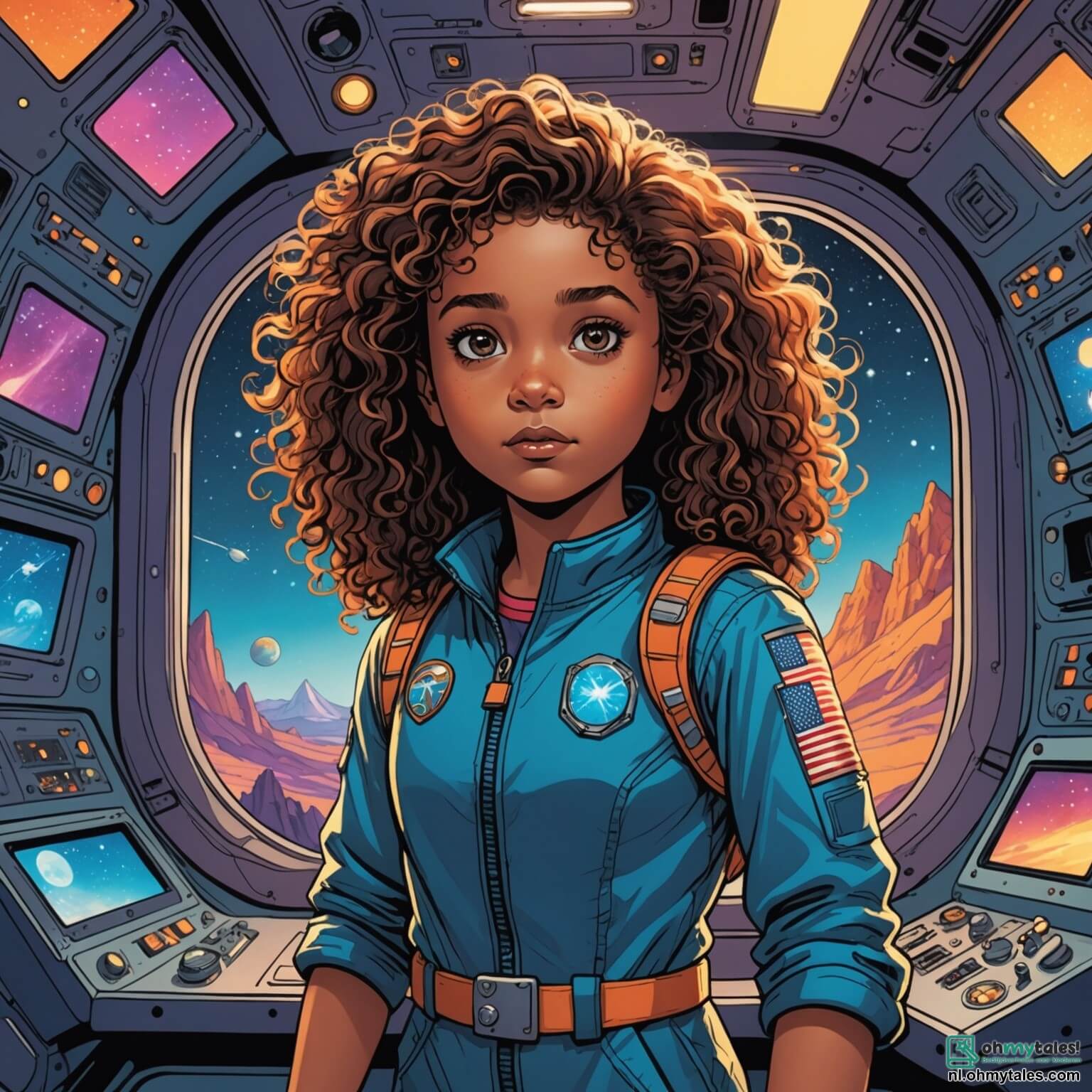 Une illustration destinée aux enfants représentant une jeune fille intrépide aux yeux pétillants de curiosité, avec des cheveux bouclés flottant au vent, se tenant fièrement dans la cabine d'un vaisseau spatial étincelant, entourée de panneaux de contrôle illuminés par des lumières multicolores, alors qu'elle se prépare à sauver un groupe d'astronautes en détresse sur la planète Zorax, une terre mystérieuse aux paysages flamboyants de montagnes colorées et de forêts luxuriantes, où des éclairs zèbrent le ciel orageux et où des créatures étranges se cachent derrière les arbres, tandis qu'un petit robot amical, à la voix enjouée et aux yeux clignotants, l'accompagne dans cette aventure palpitante à travers l'inconnu.