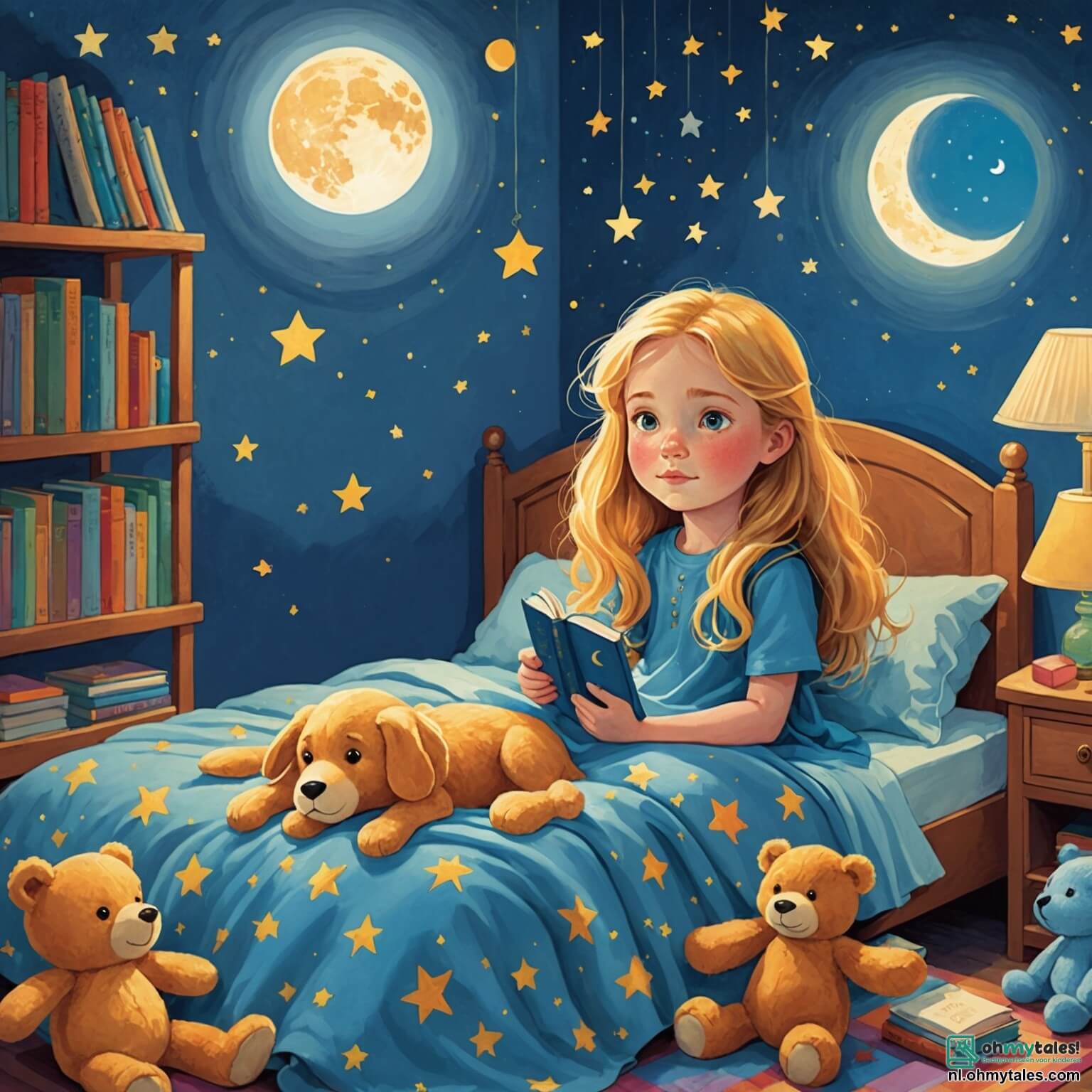 Une illustration destinée aux enfants représentant une petite fille aux longs cheveux dorés, les yeux brillants comme des étoiles, assise sur son lit recouvert d'une couverture colorée, entourée de peluches douces et de livres aux couvertures éclatantes, tandis qu'elle regarde avec curiosité une lampe en forme de lune qui projette des ombres dans sa chambre aux murs peints en bleu pastel, où se cachent des craintes nocturnes, et où sa maman, une femme douce et réconfortante, entre avec un sourire rassurant pour l'aider à surmonter sa peur du noir, transformant ainsi cet espace familier en un royaume magique où les étoiles dansent au plafond et où l'amitié et l'amour illuminent les ténèbres.