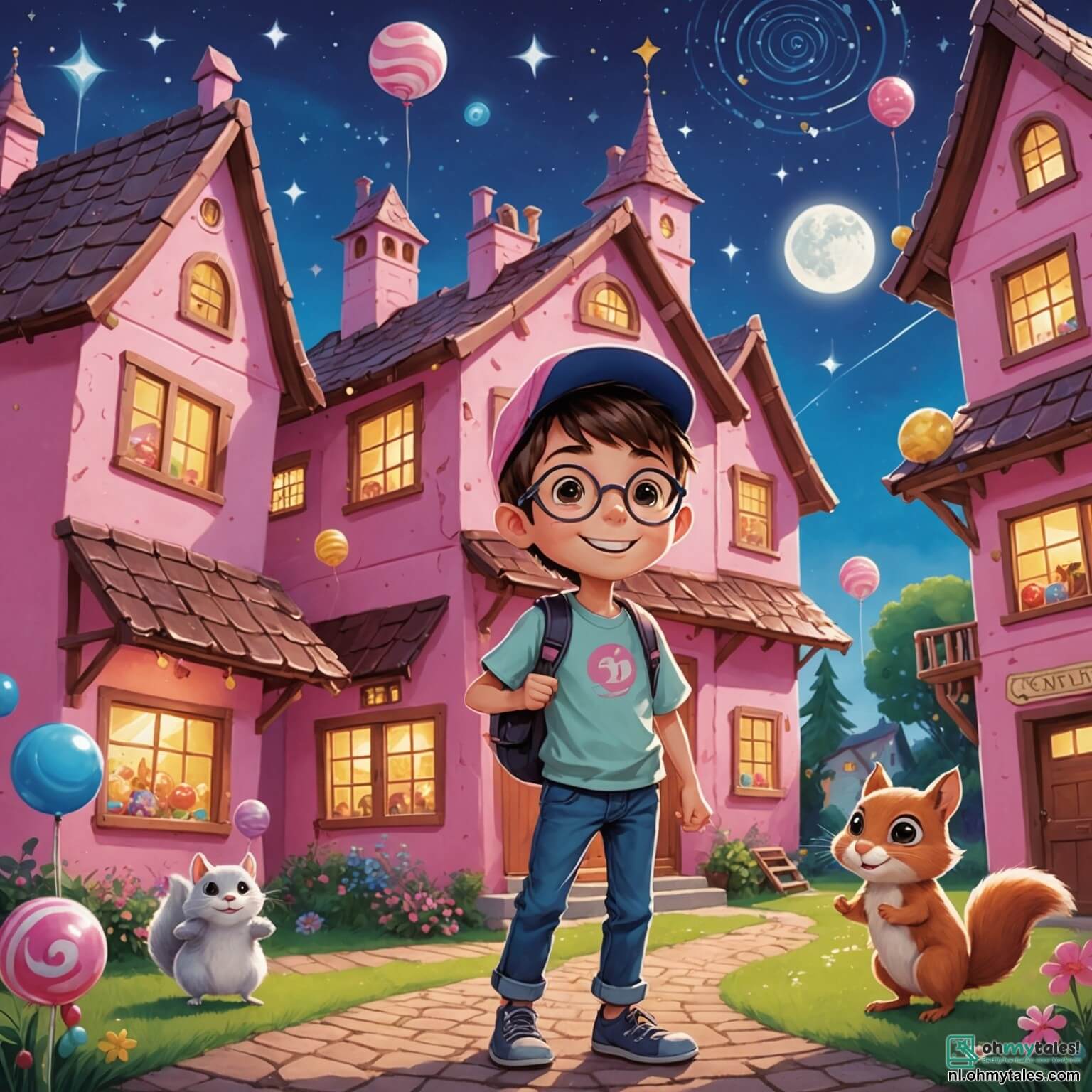 Une illustration destinée aux enfants représentant un jeune garçon aux lunettes étoilées, débordant d'énergie et de curiosité, se tenant devant une maison en bonbon aux murs roses et au toit en chocolat, entouré de créatures enchantées comme une eekhoorn espiègle aux yeux pétillants et une chatte dansante portant un chapeau rigolo, alors qu'il s'apprête à vivre une aventure magique et hilarante dans le charmant village de Wiebeldorp, où les rires et les éclats de magie se mêlent à l'odeur sucrée des douceurs flottant dans l'air.