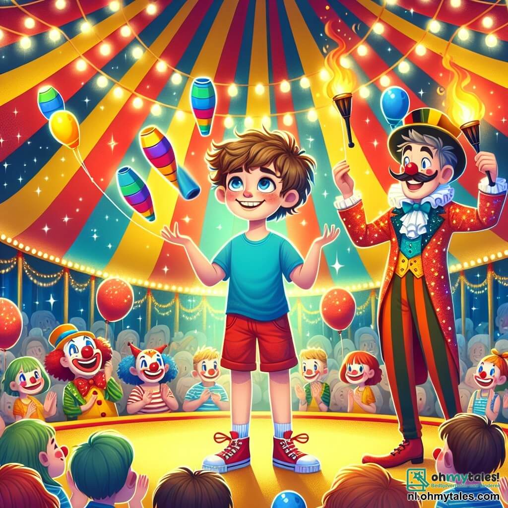 Illustratie van een levendige scène binnenin een grote circustent. De tent is versierd met felle kleuren, met rode en gele strepen die elkaar kruisen, en fonkelende lichten die de ruimte verlichten. In het midden jongleert een 11-jarig jongen met gekleurde kegels, met een grote glimlach op zijn gezicht. Hij draagt een blauwe t-shirt en een rode short, en zijn sneakers zijn iets versleten, wat getuigt van zijn vele avonturen. Naast hem moedigt een volwassen jongleur met een grote snor en een glinsterend kostuum hem aan met een vriendelijke blik, terwijl hij behendig met brandende fakkels jongleert. Op de achtergrond lachen en dansen clowns, wat een vleugje gekte aan de sfeer toevoegt, terwijl verwonderde toeschouwers applaudisseren en lachen, wat een vrolijke en magische sfeer creëert. Gekleurde ballonnen zweven in de lucht, en een grote circusaffiche is zichtbaar bij de ingang van de tent, wat bijdraagt aan de opwinding van deze onvergetelijke dag.