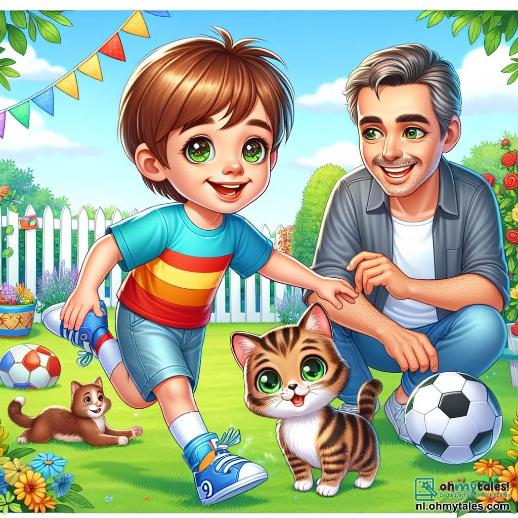 Une illustration sous forme de dessin destinée aux enfants représentant une scène joyeuse dans un jardin ensoleillé, où un garçon de 9 ans aux cheveux châtains et aux yeux pétillants, vêtu d'une t-shirt coloré et d'un short, est en train de jouer au football avec son père, un homme souriant aux cheveux bruns légèrement grisonnants, portant une chemise décontractée, tandis qu'une adorable chatte tigrée aux yeux verts les observe avec curiosité, le tout entouré de décorations colorées pour la fête des pères, symbolisant l'amour et la complicité familiale.
