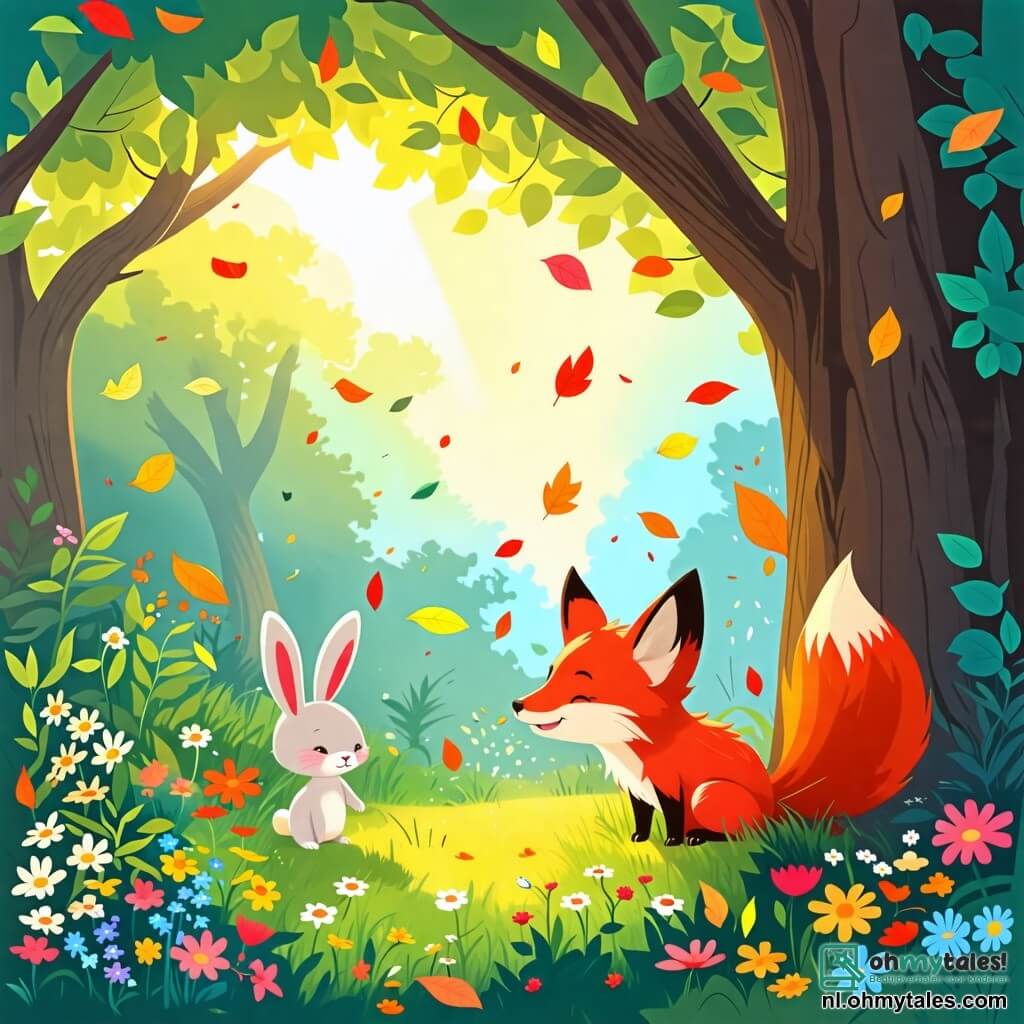 Une illustration sous forme de dessin destinée aux enfants représentant une clairière ensoleillée dans une forêt verdoyante, où un renard aux poils roux et à la queue touffue se cache derrière un grand arbre, riant joyeusement tout en observant un petit lapin aux grandes oreilles qui compte à voix haute, entouré de fleurs colorées et de feuilles tombantes, capturant l'esprit ludique de leur jeu de cache-cache.