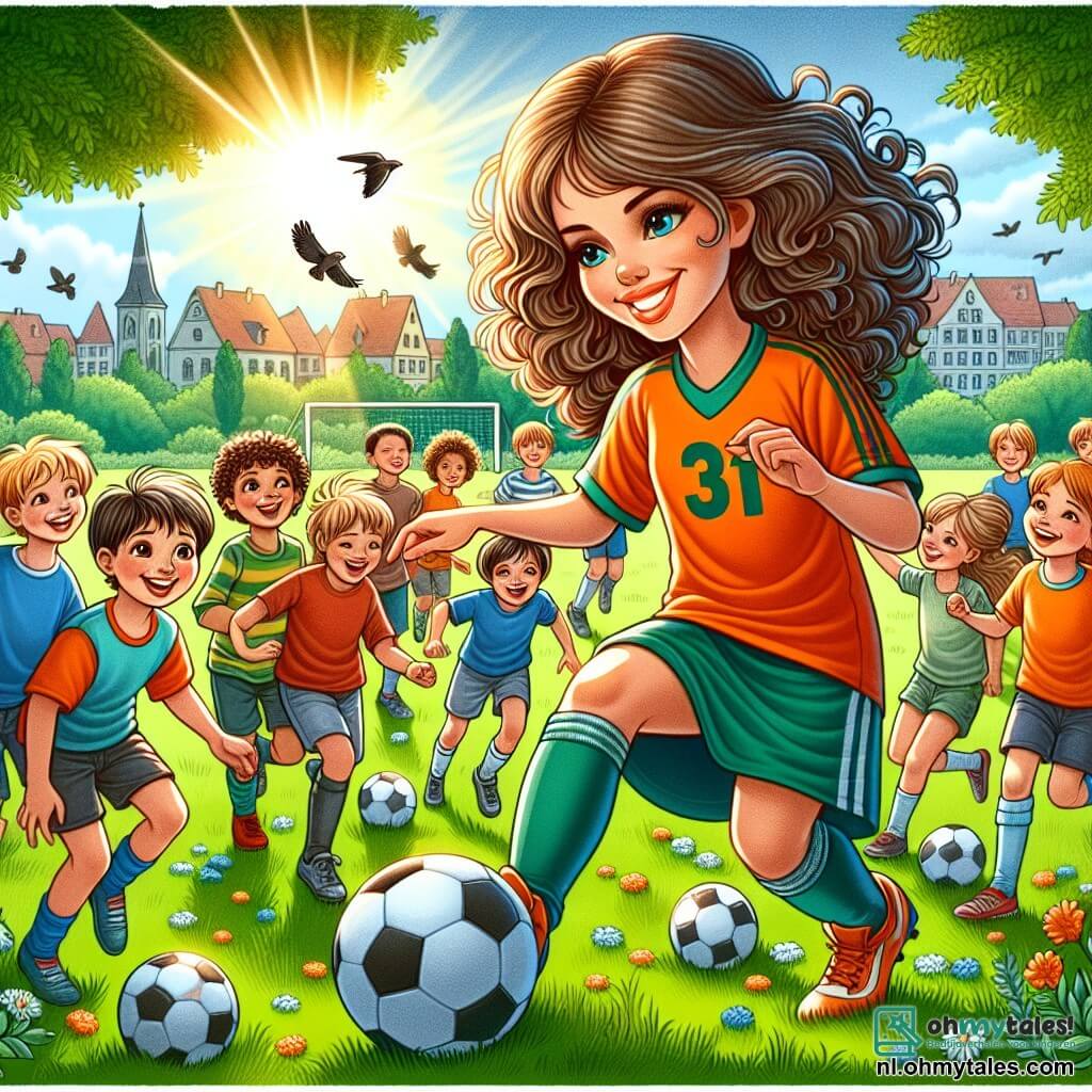 Une illustration sous forme de dessin destinée aux enfants représentant un parc verdoyant baigné par le soleil, où une jeune femme aux cheveux bruns et bouclés, portant un maillot de football orange, sourit joyeusement en montrant aux enfants comment dribbler un ballon, entourée de plusieurs garçons et filles aux visages rayonnants d'excitation, qui s'entraînent avec enthousiasme et rient, tandis qu'un groupe d'arbres en arrière-plan et des oiseaux volants ajoutent une touche de vie à cette scène dynamique de camaraderie et de passion pour le football.