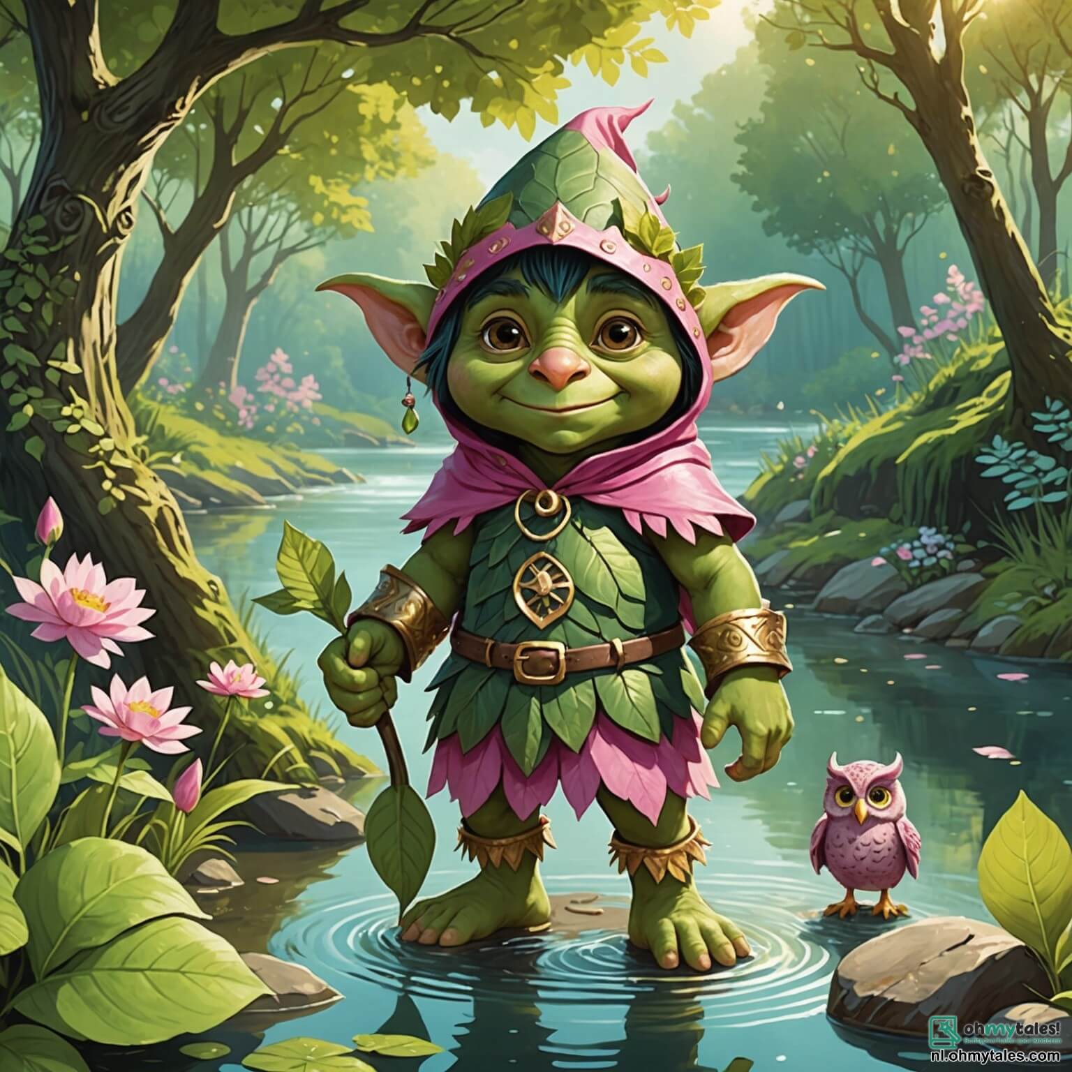 Une illustration destinée aux enfants représentant un jeune troll au teint verdoyant et à la grande nez, portant une charmante capuche faite de feuilles, se tenant au bord d'une rivière scintillante où les rayons du soleil dansent sur l'eau claire, entouré de ses amis, une petite trollesse à la peau rose et aux yeux pétillants, qui adore les fleurs, et un sage hibou aux plumes dorées, tous trois prêts à partir à l'aventure pour découvrir un trésor caché dans le cœur d'une forêt enchantée, où les arbres majestueux aux troncs noueux murmurent des secrets et où les fleurs colorées s'épanouissent dans un parfum enivrant, tandis qu'un grand troll aux yeux flamboyants, qui se cache dans l'ombre, observe avec curiosité leurs élans de camaraderie.