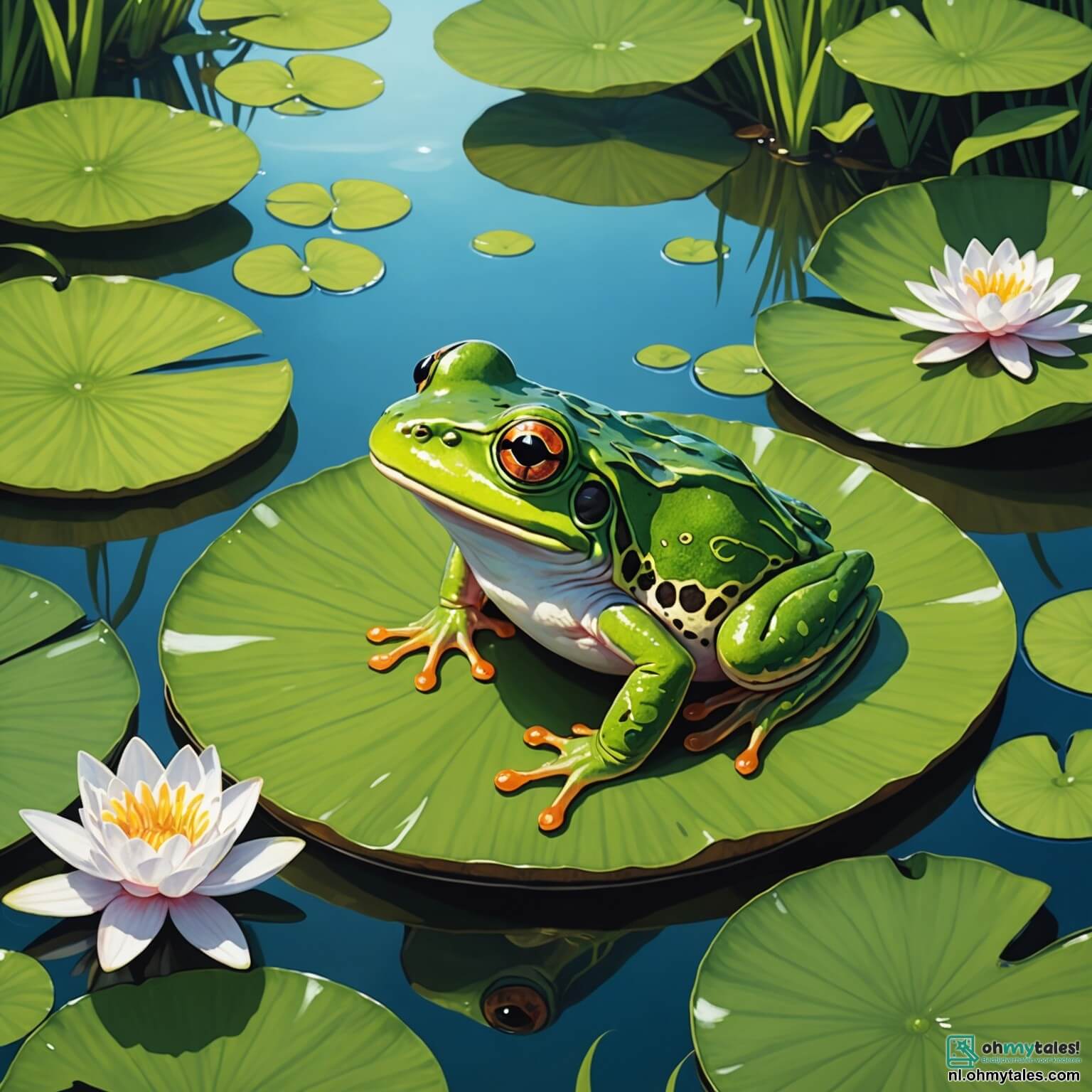 Une illustration destinée aux enfants représentant une petite grenouille à la peau luisante comme une émeraude, perchée sur un large et doux feuillage de nénuphar, les yeux pétillants de curiosité, rêvant d'aventures au-delà des rives de son paisible et verdoyant marais, où les rayons du soleil dansent sur l'eau scintillante, tandis qu'elle est entourée de ses fidèles amis, un salamandre espiègle aux écailles chatoyantes et une élégante cane aux plumes brillantes, tous trois prêts à explorer ensemble les mystères et les merveilles du monde qui les entoure.