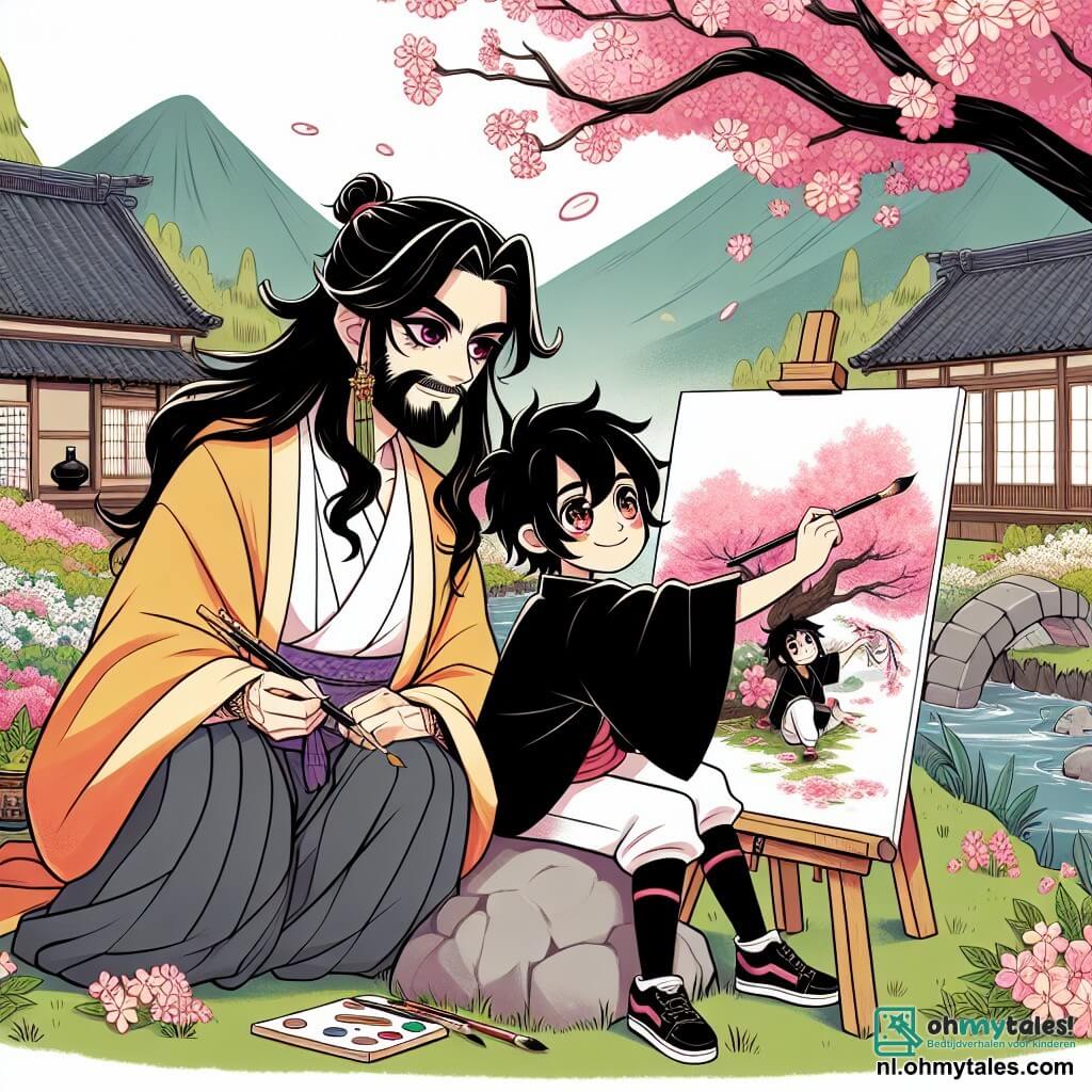 Une illustration sous forme de dessin destinée aux enfants représentant une scène vibrante dans un village japonais pittoresque, où un homme aux longs cheveux ondulés et aux yeux profonds, vêtu d'une tunique traditionnelle, inspire un jeune garçon aux cheveux noirs et aux yeux pétillants, assis sur une pierre, en train de dessiner un magnifique tableau de kersenbloesems, tandis qu'autour d'eux, des cerisiers en fleurs créent une atmosphère magique et apaisante, symbolisant la quête de créativité et de passion.