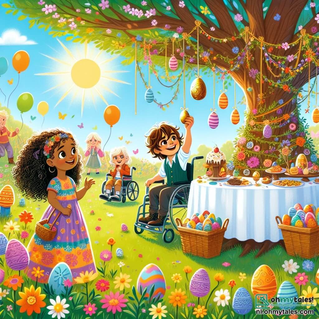 Illustratie van een vrolijke scène in een zonnige tuin, vol met kleurrijke bloemen en zwevende ballonnen. In het midden staat een grote majestueuze boom met uitgestrekte takken, waaronder een tafel is gedekt met slingers en Paaslekkernijen. Een jongen van ongeveer 8 jaar, met bruin krullend haar, glimlacht met sprankelende ogen en reikt naar een gouden chocolade-ei dat aan een tak hangt. Naast hem staat een meisje van 7 jaar, met lange gevlochten blonde haren, in een kleurrijke jurk met een grote glimlach, dat haar vriend enthousiast aankijkt. Op de achtergrond kijkt een andere jongen van ongeveer 9 jaar, in een rolstoel, hen met een grote glimlach aan, terwijl hij een mand vol met gekleurde eieren vasthoudt. De sfeer is vol vreugde en vriendschap, met lachgeluiden die in de lucht weerklinken. Geschilderde eieren in alle kleuren liggen verspreid in het gras, en een grote zon straalt in een heldere blauwe lucht, wat een vleugje magie toevoegt aan deze Paasdag.