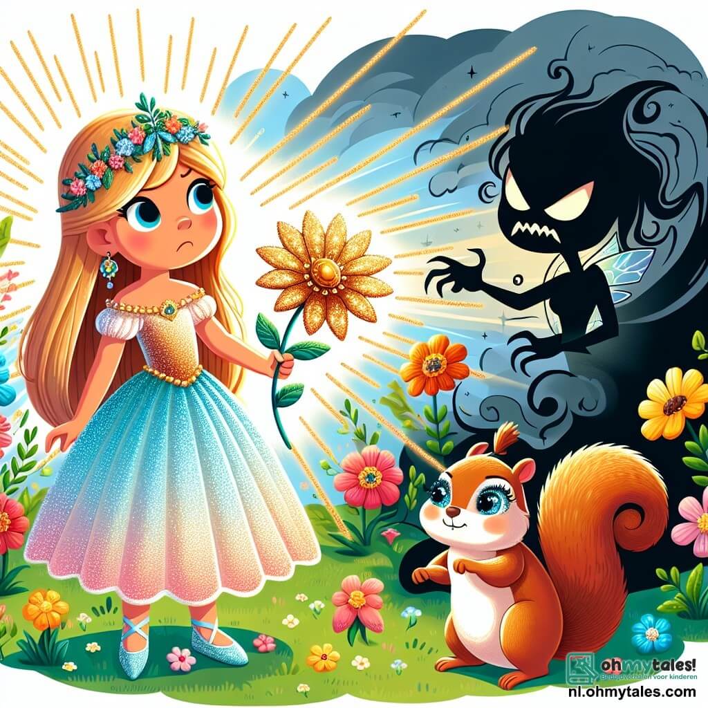 Une illustration sous forme de dessin destinée aux enfants représentant un jardin enchanté rempli de fleurs colorées et de rayons de soleil, où une princesse aux longs cheveux dorés et à la robe scintillante, avec un regard déterminé, tient une magnifique fleur magique dans ses mains, tandis qu'un eekhoorn espiègle aux yeux pétillants et à la queue touffue, se tient à ses côtés, prêt à l'aider à affronter une ombre menaçante qui s'approche d'eux, symbolisant la lutte contre la magie maléfique d'une sorcière.