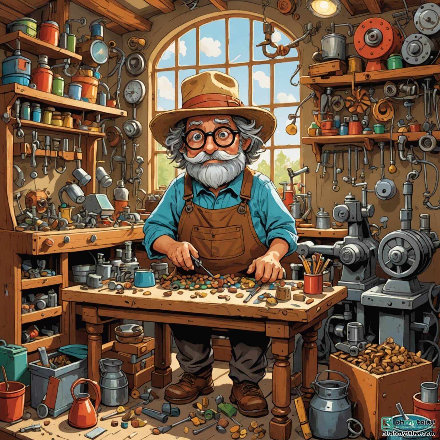Une illustration destinée aux enfants représentant un homme excentrique aux cheveux en bataille et à la grande lunette ronde, entouré de machines étranges et colorées dans sa chaotique atelier où des outils brillent sous la lumière du soleil filtrant à travers des fenêtres poussiéreuses, tandis qu'un petit écureuil espiègle, avec un chapeau en paille et une petite sacoche pleine de noix, observe avec curiosité son ami inventeur qui s'apprête à créer une machine farfelue pour devenir invisible, tout en se demandant si cette invention ne les plongera pas dans une aventure pleine de surprises et de rires.