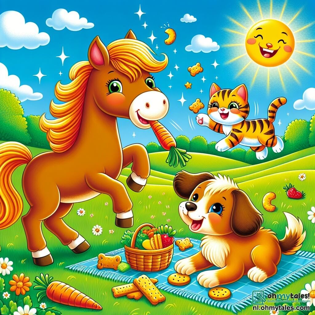 Une illustration sous forme de dessin destinée aux enfants représentant une belle prairie verdoyante sous un ciel bleu ensoleillé, où un cheval à la robe châtain brillant, avec une crinière ondulée, se tient joyeusement en train de croquer une carotte, tandis qu'à ses côtés, un chien aux grandes oreilles, avec un pelage doré, joue avec des biscuits, et une petite chatte tigrée, aux yeux pétillants, danse autour d'eux, le tout illustrant une joyeuse scène de pique-nique entre amis, remplie de rires et de délices.