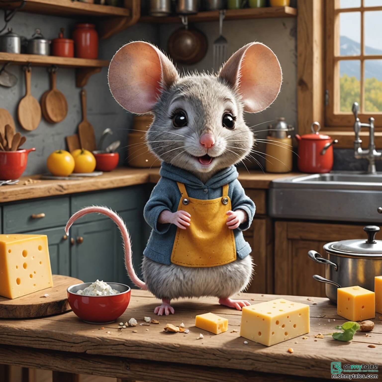 Une illustration destinée aux enfants représentant une petite souris aux grandes oreilles, au pelage doux et gris, avec des yeux pétillants de malice, se tenant fièrement sur une table en bois rustique dans une cuisine chaleureuse, où l'odeur alléchante de fromage fondant emplit l'air, tandis qu'elle s'apprête à participer à une compétition de fromage, entourée de ses amis colorés, un rat curieux aux moustaches frétillantes et des oiseaux chantants perchés sur le rebord de la fenêtre, le tout baigné par la lumière dorée du soleil qui filtre à travers des rideaux à fleurs, créant une ambiance joyeuse et animée.