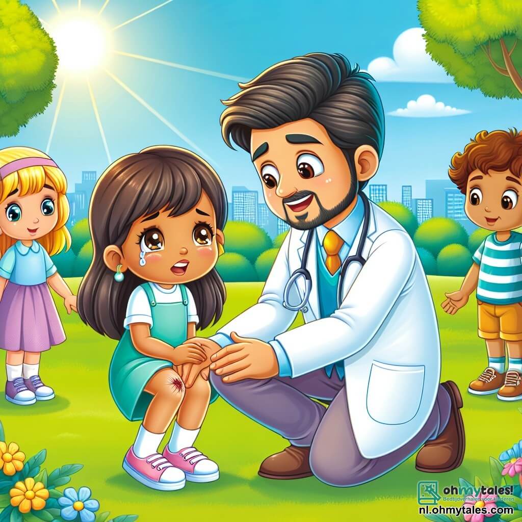 Une illustration sous forme de dessin destinée aux enfants représentant un parc ensoleillé avec des arbres verdoyants et des fleurs colorées, où un homme au sourire chaleureux, portant une blouse blanche et une stéthoscope autour du cou, s'agenouille pour examiner une petite fille aux cheveux bruns et aux yeux brillants, qui pleure légèrement en raison d'une éraflure à son genou, tandis que deux autres enfants, une fille aux cheveux blonds et un garçon aux cheveux châtains, regardent avec curiosité et admiration, illustrant ainsi le moment où le médecin aide un enfant blessé avec bienveillance et professionnalisme.