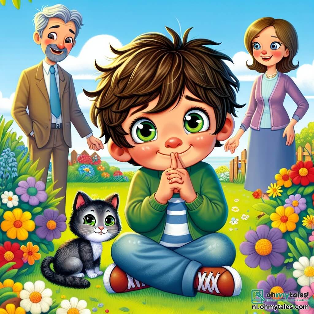 Une illustration sous forme de dessin destinée aux enfants représentant un jardin ensoleillé, rempli de fleurs colorées, où un garçon de 7 ans avec des cheveux bruns en désordre et des yeux verts, assis sur l'herbe, regarde avec une expression à la fois joyeuse et coupable, tandis qu'une petite chatte grise aux yeux pétillants joue à ses pieds, et en arrière-plan, ses parents, un homme et une femme souriants, se tiennent la main, prêts à lui offrir un cadeau, symbolisant le moment où il doit avouer son mensonge sur ses résultats scolaires.