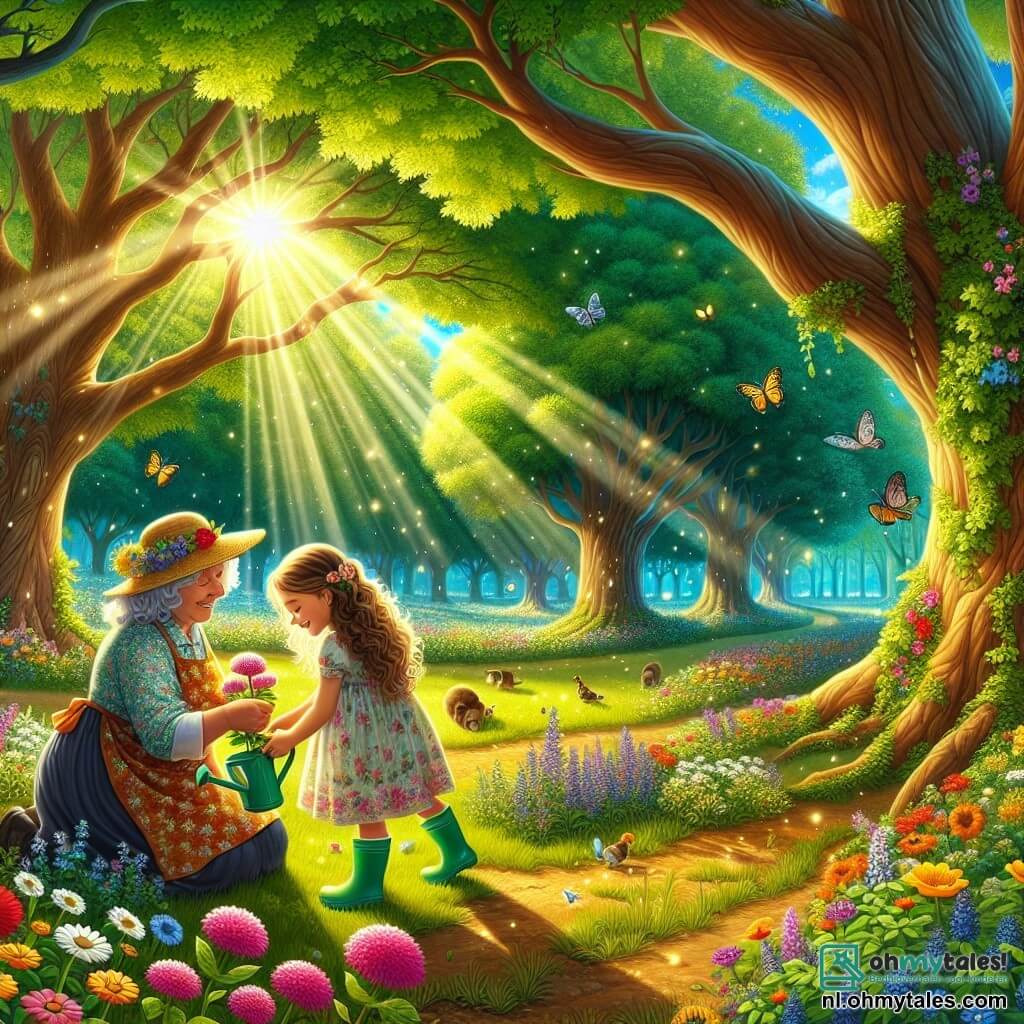 Illustratie van een prachtige zonnige open plek in het hart van een weelderig bos. Majestueuze bomen met dikke stammen omringen de scène, hun bladeren glinsteren onder de zonnestralen en creëren schaduw- en lichtspelletjes. Op de grond bloeien talloze kleurrijke bloemen, die vlinders en bijen aantrekken die vrolijk dansen. In het midden van deze open plek knielt een 3-jarig meisje met lange krullende haren en nieuwsgierige sprankelende ogen om een bloem te planten. Ze draagt een lichte jurk met bloemenpatroon en kleurrijke rubberen laarzen, en haar gezicht straalt van een grote glimlach, die haar enthousiasme voor de natuur toont. Naast haar staat een vrouw van ongeveer 60 jaar met grijs haar en een warme glimlach, die haar trots observeert. Ze draagt een strohoed en een bloes met bloemen, en houdt een gieter in haar handen, klaar om het meisje te helpen met het water geven van de nieuwe planten. De hoofdscène toont het meisje en de vrouw die samen bloemen planten, wat hun inzet voor de bescherming van de natuur symboliseert. Extra elementen zijn zoemende insecten, zingende vogels op de takken en een blauwe lucht met witte wolken, wat een vrolijke en harmonieuze sfeer creëert.