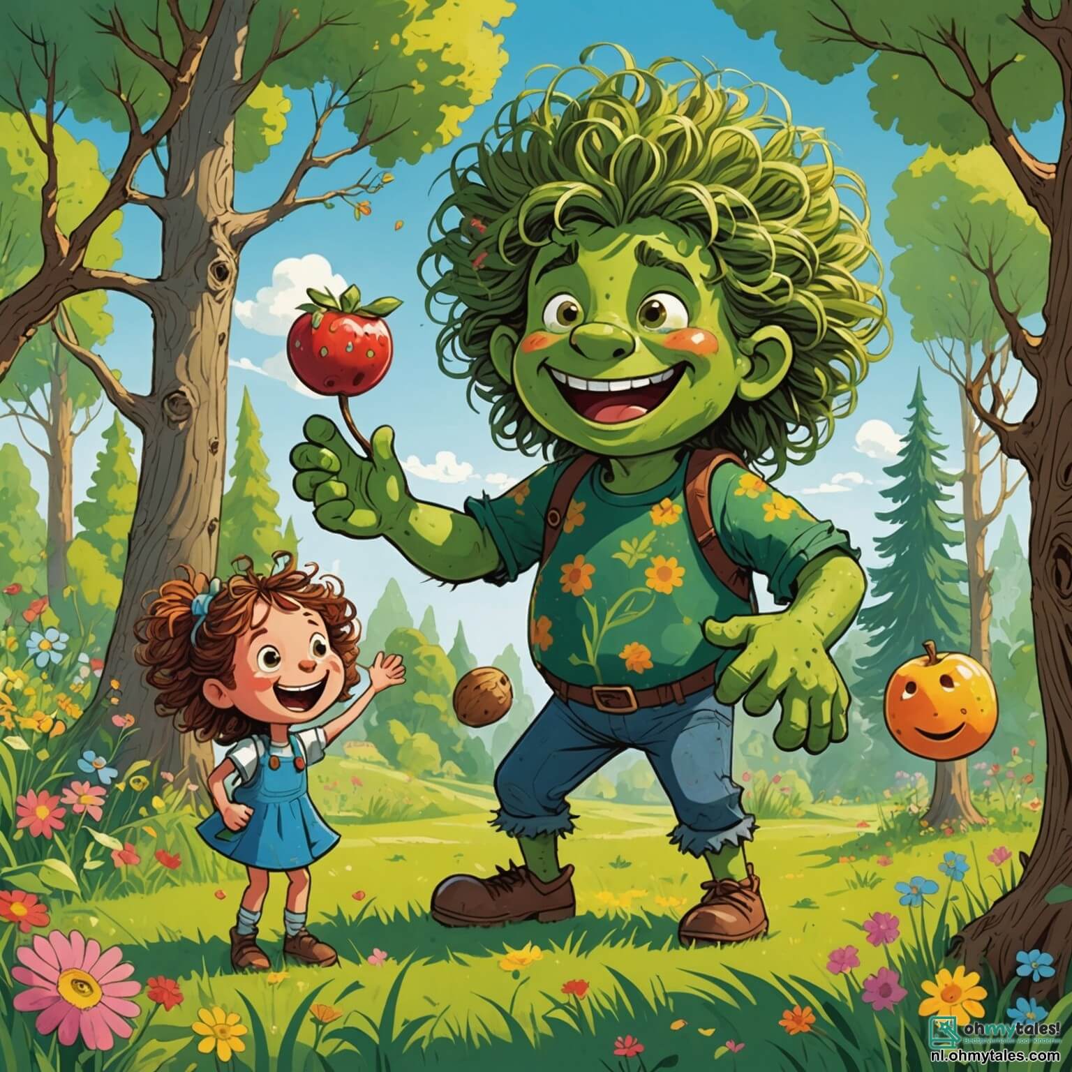 Une illustration destinée aux enfants représentant un géant aux cheveux en désordre et à la peau couleur de l'herbe fraîche, qui, dans la vaste clairière ensoleillée du Fluffelwoud, entourée de fleurs multicolores et de grands arbres aux troncs noueux, se retrouve dans une situation cocasse où il essaie de jongler avec des fruits géants tout en riant aux éclats avec une petite fille aux yeux pétillants et aux couettes rebondissantes, qui l'encourage joyeusement à ne pas abandonner, tandis qu'un petit ours en peluche, son fidèle compagnon, observe la scène avec curiosité, assis sur une grosse pierre recouverte de mousse.