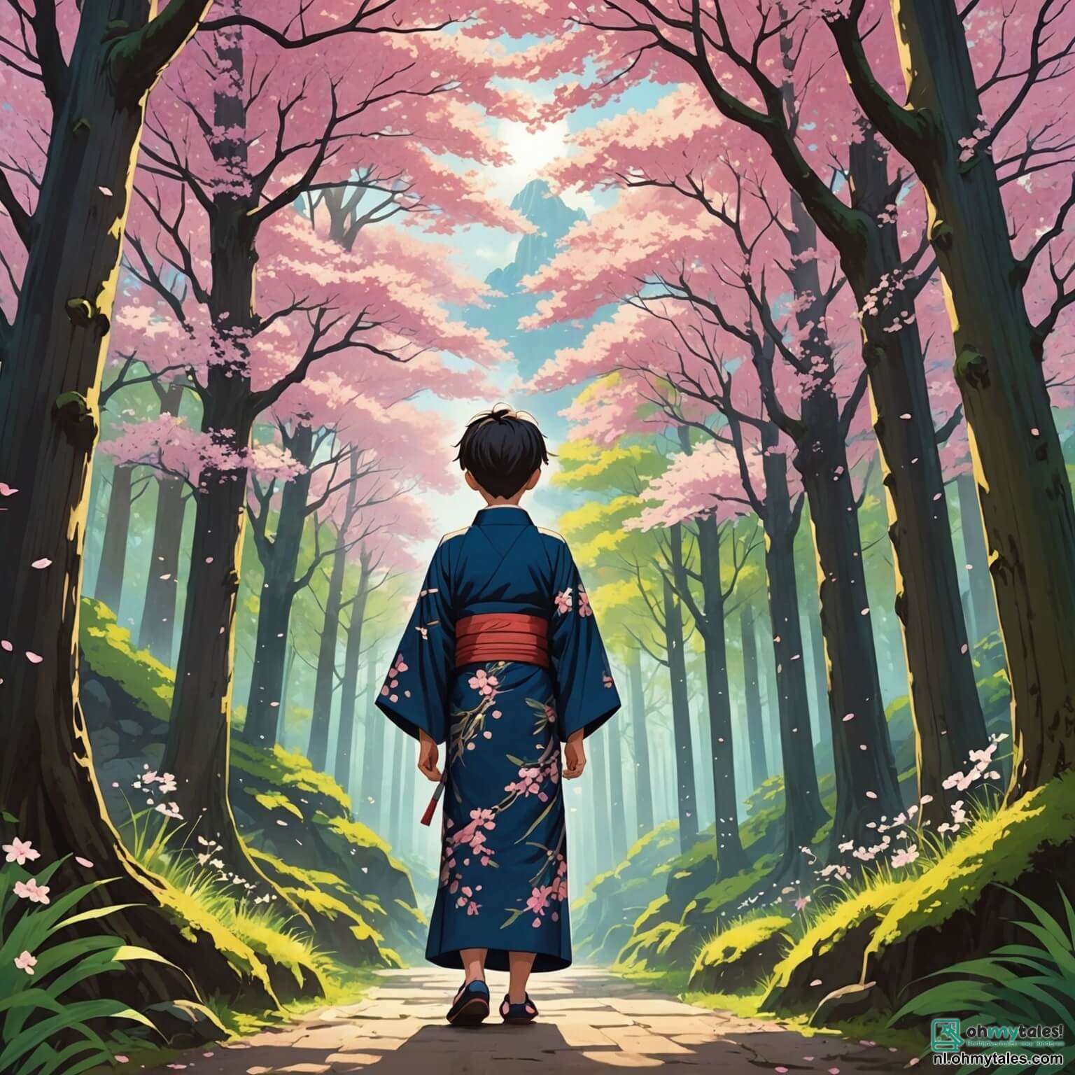 Une illustration destinée aux enfants représentant un homme au regard déterminé, vêtu d'un kimono simple aux motifs de cerisiers en fleurs, marchant courageusement à travers un vaste et mystérieux bois japonais, où les arbres majestueux aux troncs noueux s'élèvent vers le ciel comme des géants silencieux, tandis que des rayons de soleil filtrent à travers le feuillage dense, illuminant des fleurs éclatantes de couleurs vives qui dansent doucement au gré du vent, et où il croise une femme sage aux cheveux argentés, drapée dans un kimono traditionnel orné de motifs de vagues, qui l'invite à découvrir une ancienne tempête cachée au cœur de la forêt, tout en lui révélant les secrets de la nature et les leçons de la vie.