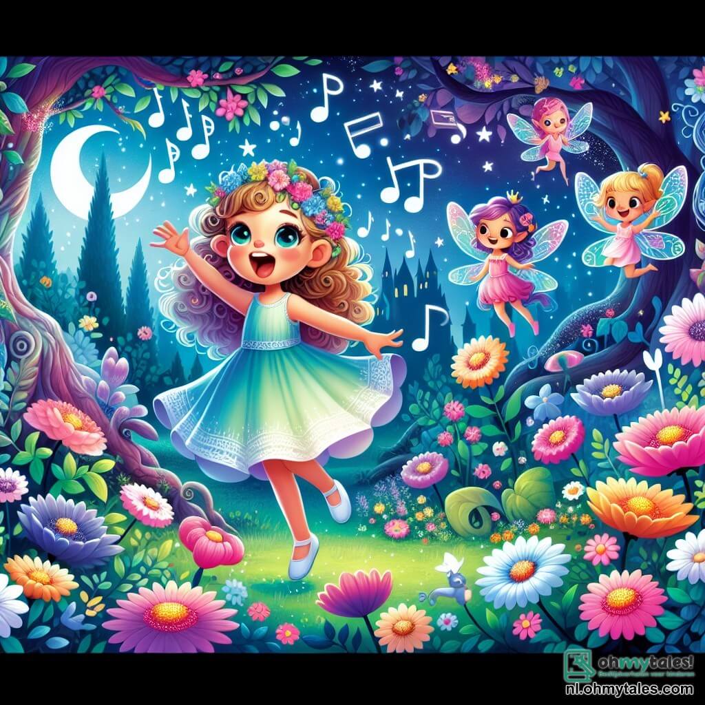 Une illustration sous forme de dessin destinée aux enfants représentant une magnifique et colorée Magique Jardin, rempli de fleurs éclatantes et de grands arbres chantants, où une petite fille de 5 ans aux cheveux bouclés et aux yeux pétillants, vêtue d'une robe légère, chante joyeusement tout en tenant la main d'une petite fée aux ailes scintillantes, entourées de créatures enchantées, alors qu'elles affrontent ensemble les ombres menaçantes d'un sombre château à l'arrière-plan, symbolisant leur courage et leur amitié dans leur quête pour retrouver la Zilveren Ster volée.