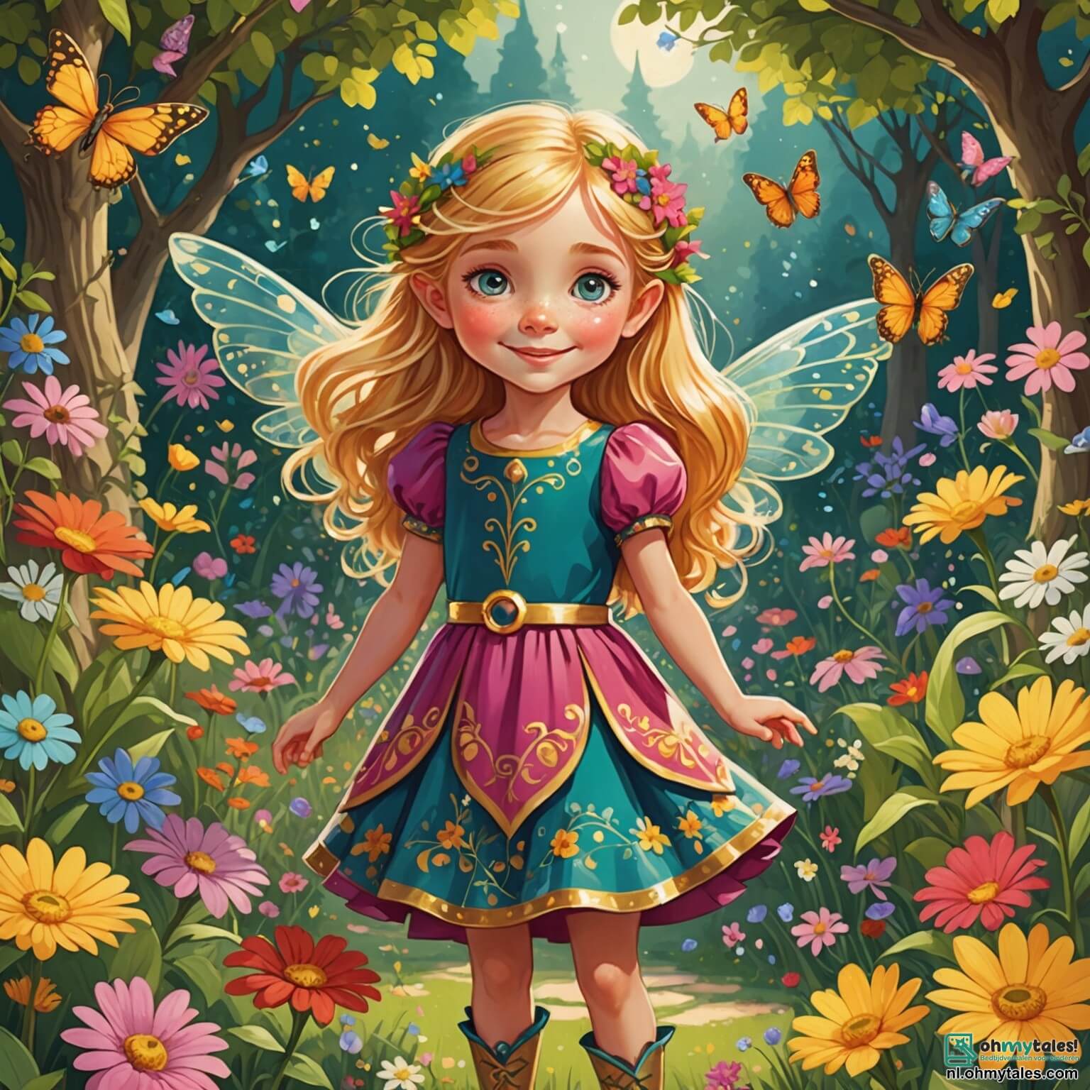 Une illustration destinée aux enfants représentant une petite fille aux cheveux dorés et aux yeux pétillants, vêtue d'une robe colorée ornée de fleurs, se tenant au milieu d'une magnifique et mystérieuse jardin enchanté, où des fleurs souriantes aux pétales éclatants de toutes les couleurs dansent sous la brise légère, tandis qu'un petit elfe espiègle aux ailes scintillantes, aux cheveux en bataille et au sourire malicieux, l'accompagne dans sa quête hilarante pour redonner le sourire aux fleurs tristes, tout cela sous le doux soleil d'un après-midi, avec des arbres majestueux aux troncs noueux et des feuilles brillantes qui murmurent des secrets, créant une atmosphère magique pleine de rires et d'aventures.