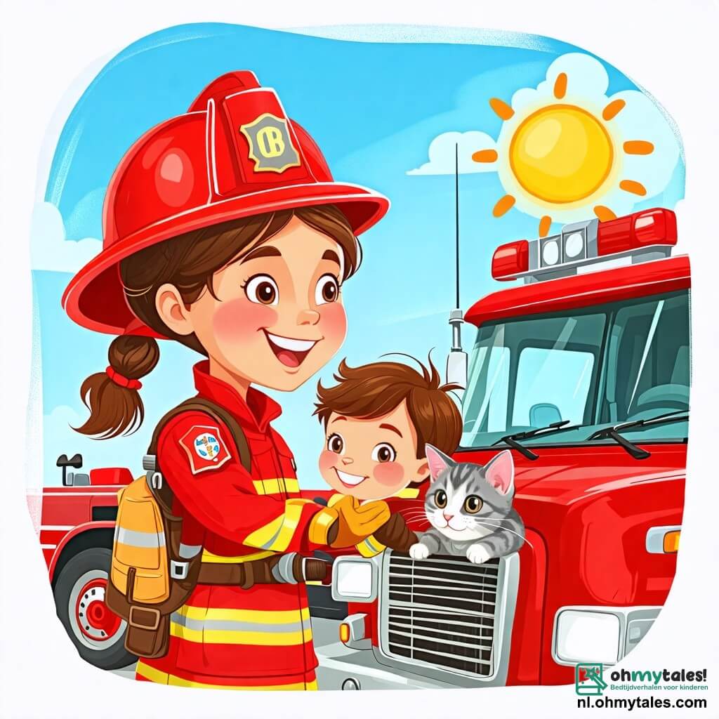 Une illustration sous forme de dessin destinée aux enfants représentant une caserne de pompiers colorée sous un ciel bleu ensoleillé, avec une femme pompier souriante portant une grande casque rouge et une veste de pompier brillante, en train de montrer à un petit garçon aux yeux écarquillés et aux cheveux bruns comment utiliser un tuyau d'incendie, tandis qu'un chaton curieux observe la scène depuis le capot d'une grande camionnette rouge, créant une atmosphère joyeuse et éducative sur le thème de l'entraide et du courage.