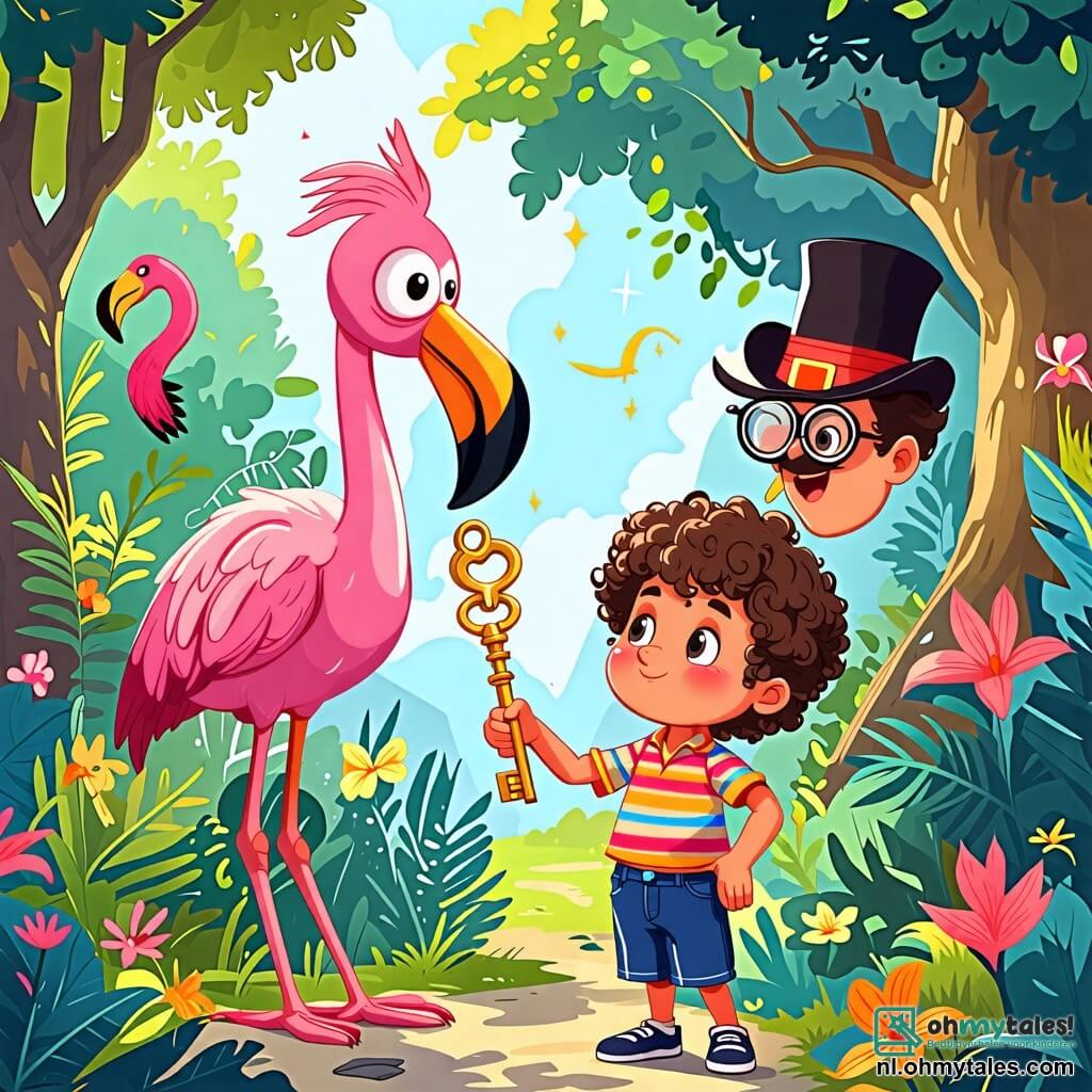 Une illustration sous forme de dessin destinée aux enfants représentant un parc coloré et enchanteur, où un garçon de 11 ans aux cheveux bouclés et aux yeux pétillants, vêtu d'un t-shirt rayé et d'un short, tient une clé dorée brillante dans sa main tout en regardant avec émerveillement une grande flamingo rose portant un monocle et un chapeau haut de forme, qui lui explique qu'ils doivent sauver le royaume de l'Absurdité en récupérant une précieuse sourire volé par un méchant avec une moustache en broussaille, tandis que des arbres dansants et des animaux rigolos les entourent, créant une atmosphère ludique et magique.