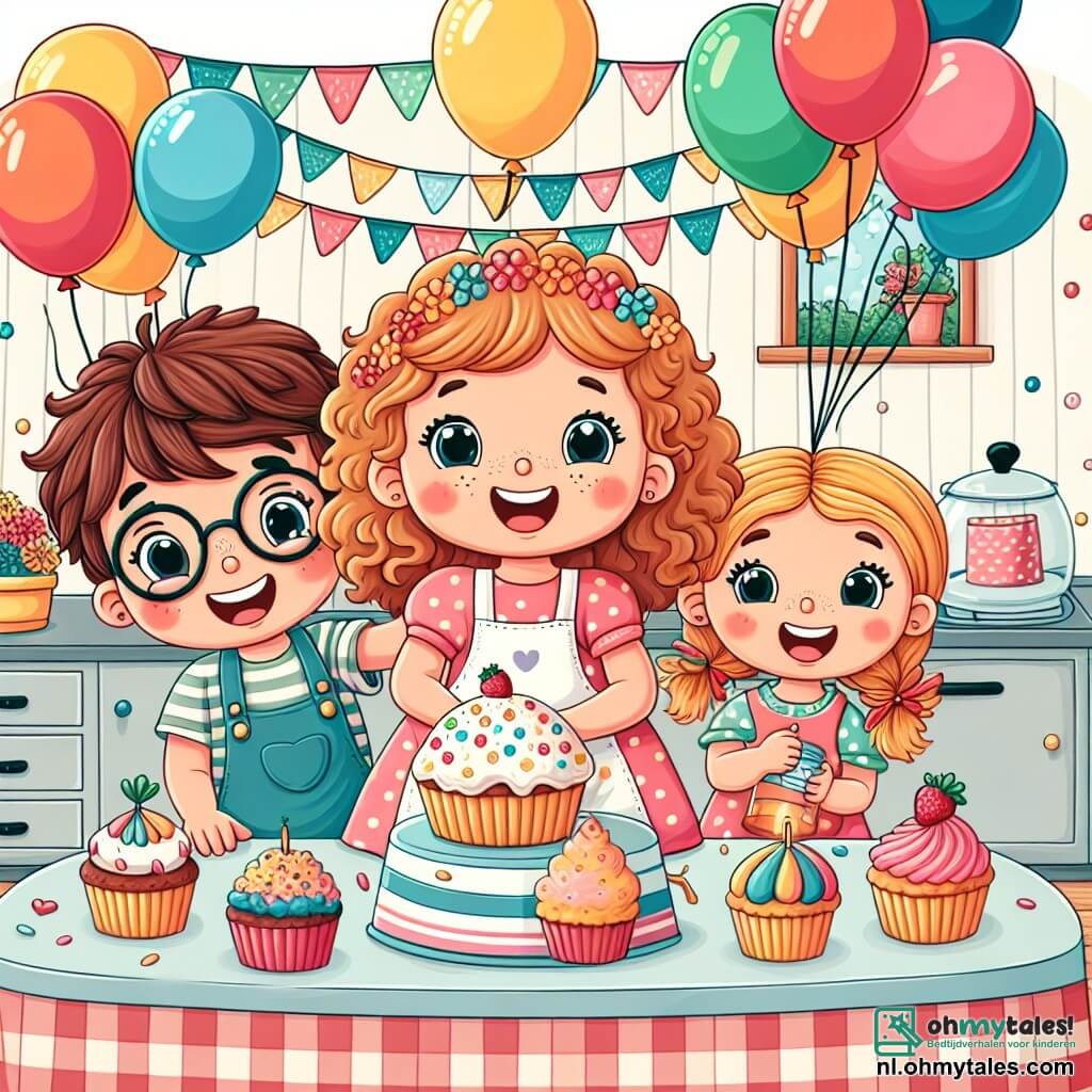Une illustration sous forme de dessin destinée aux enfants représentant une chaleureuse cuisine décorée de ballons colorés et d'un joli tablecloth, où une petite fille de 3 ans aux cheveux bouclés et aux yeux pétillants, souriante et pleine d'enthousiasme, est en train de préparer des cupcakes avec l'aide de son ami, un garçon aux cheveux bruns et aux lunettes, tandis qu'une autre petite fille aux cheveux blonds et tressés accroche des ballons, le tout créant une ambiance joyeuse et festive pour célébrer la fête des mères.