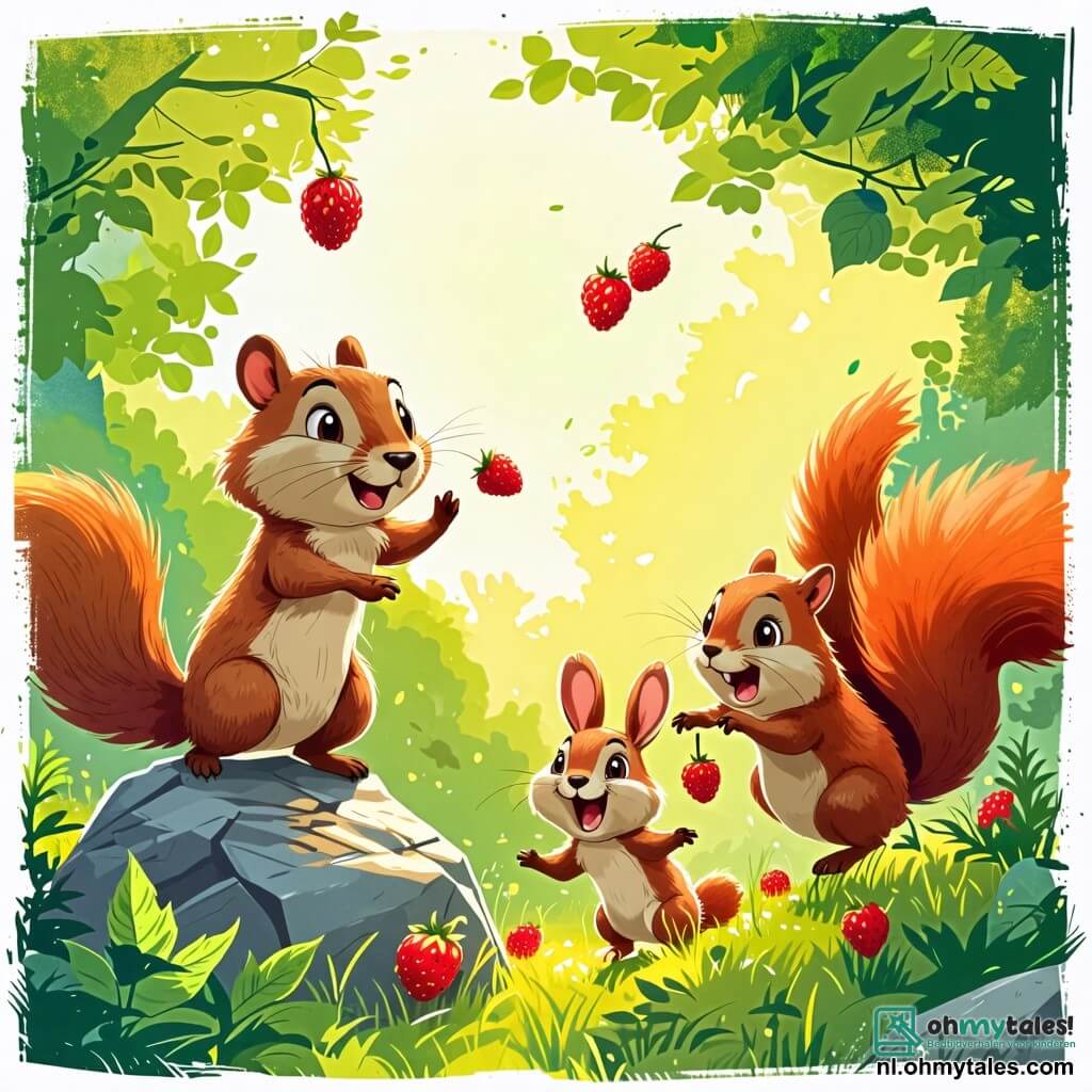 Une illustration sous forme de dessin destinée aux enfants représentant une scène ensoleillée dans une forêt verdoyante, où une petite marmotte à la fourrure brune et aux grands yeux pétillants, se tient sur une pierre, les pattes levées en l'air avec un grand sourire, tandis que deux amis, un eekhoorn au pelage roux et une joyeuse lapinette aux oreilles longues, courent derrière une énorme baie juteuse qui roule sur l'herbe, capturant l'esprit d'aventure et de camaraderie de leur quête amusante pour trouver des baies.
