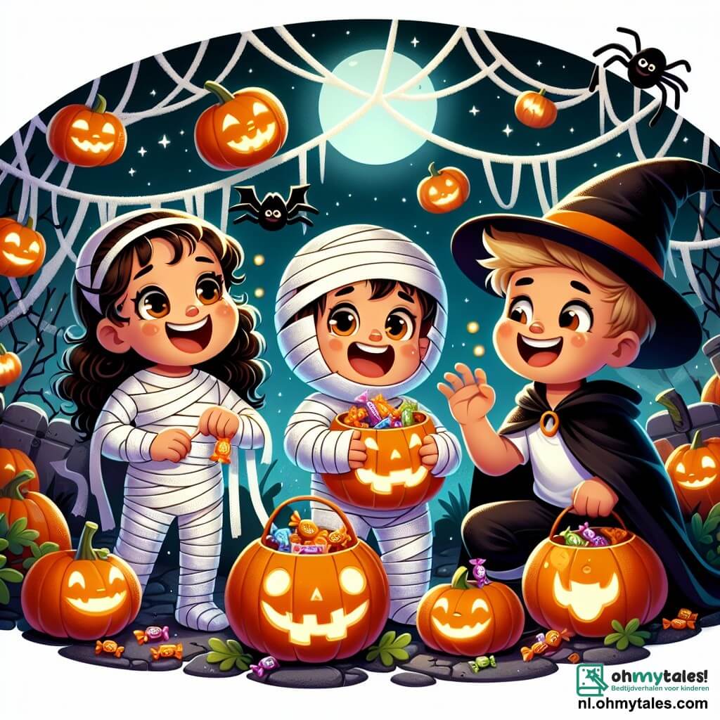 Une illustration sous forme de dessin destinée aux enfants représentant une nuit d'Halloween dans une jardin décoré de citrouilles lumineuses et de toiles d'araignées, où une petite fille de 5 ans aux cheveux bouclés et vêtue d'un costume de momie en papier toilette, sourit joyeusement en tenant un sac de bonbons, tandis qu'à ses côtés, un garçon de 5 ans avec un drap blanc sur la tête, imitant un fantôme, rit en faisant des gestes amusants, alors qu'un autre enfant, une fille de 5 ans avec une cape noire et un chapeau de sorcière, les rejoint pour partager leur découverte d'une mystérieuse boîte remplie de friandises.