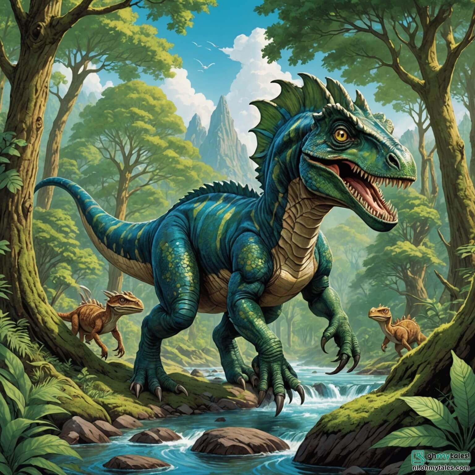 Une illustration destinée aux enfants représentant un vélociraptor aux écailles vertes étincelantes, aux yeux pétillants de curiosité, courant avec enthousiasme à travers une forêt luxuriante où les arbres géants aux troncs noueux s'élèvent vers un ciel azur, tandis que des triceratops aux cornes majestueuses broutent paisiblement à proximité, et où le doux murmure d'une rivière scintillante se faufile entre les rochers couverts de mousse, alors que notre héros, avide d'aventures, se lance dans une quête palpitante pour découvrir les mystères de la Grande Rivière et rencontrer des amis inattendus.