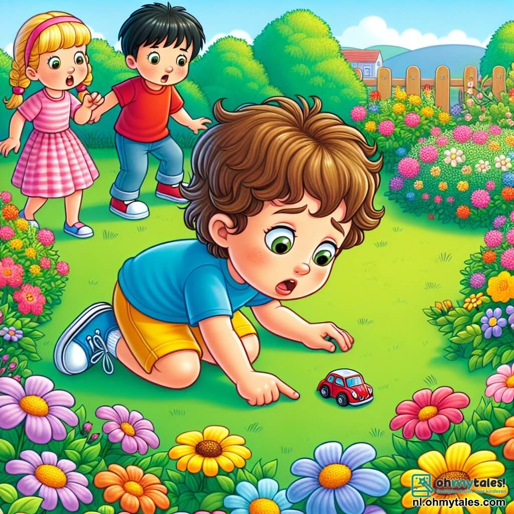Une illustration sous forme de dessin destinée aux enfants représentant un jardin ensoleillé avec des fleurs colorées et une grande pelouse verte, où un garçon de 5 ans aux cheveux bruns et bouclés, portant un t-shirt bleu et un short jaune, cherche anxieusement sa petite voiture jouet perdue, tandis que deux amis, une fille aux cheveux blonds en tresse portant une robe rose et un garçon aux cheveux noirs en t-shirt rouge, l'observent avec des expressions d'encouragement, illustrant le moment où le garçon réalise l'importance de l'honnêteté après avoir menti sur la perte de son jouet.