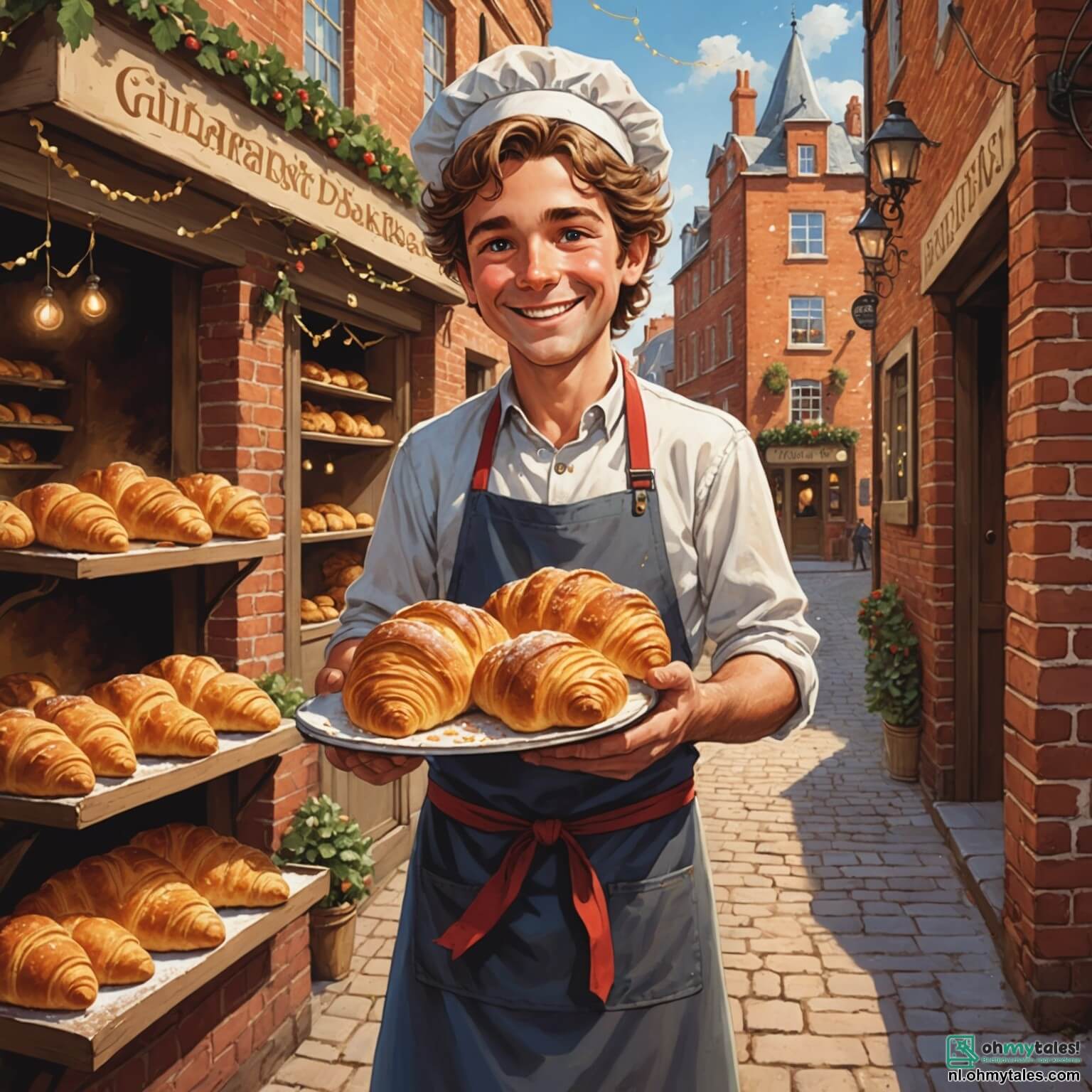 Une illustration destinée aux enfants représentant un homme au sourire chaleureux, les mains farcies de farine et les cheveux légèrement ébouriffés, se tenant dans sa boulangerie aux murs en briques rouges ornés de guirlandes de pain doré, où l'odeur envoûtante de croissants tout juste sortis du four danse dans l'air, tandis qu'une fillette aux yeux pétillants d'excitation, vêtue d'un tablier trop grand pour elle, l'observe avec émerveillement, prête à apprendre les secrets de la pâtisserie, dans ce petit coin de paradis où chaque matin, la magie du pain fait rêver les habitants du village.