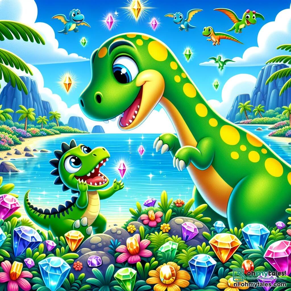 Illustratie van een levendige scène op een tropisch eiland, omringd door sprankelend kristalhelder water onder een stralende blauwe lucht. In het midden staat een grote diplodocus met een groene huid bezaaid met gele vlekken, vrolijk met zijn lange staart die achter hem aan zwaait. Zijn grote ronde ogen stralen van blijdschap terwijl hij naar fonkelende edelstenen kijkt die kleurrijke reflecties uitstralen. Naast hem springt een kleine velociraptor met felgroen verenkleed en zwarte strepen enthousiast, met twinkelende ogen van opwinding. Samen ontdekken ze de schoonheid van hun nieuwe omgeving, omringd door heldere bloemen en grote loofbomen. Dinosaurussen van verschillende groottes en kleuren verzamelen zich om hen heen, nieuwsgierig en blij, waardoor een sfeer van kameraadschap en avontuur ontstaat. De hele scène straalt een vrolijke en vriendelijke sfeer uit, die het begin van een mooie vriendschap en een nieuw avontuur illustreert.