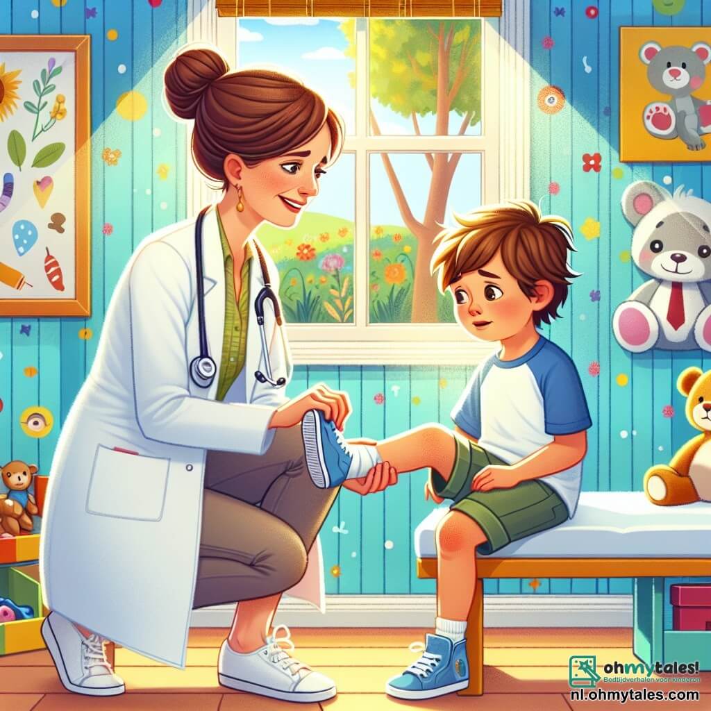Illustratie van een kleine, gezellige kliniek met muren in heldere kleuren, versierd met tekeningen van glimlachende dieren en bloemen. Binnen is een vrouwelijke arts van ongeveer dertig jaar, met kastanjebruin haar in een knot, die een witte jas en een stethoscoop om haar nek draagt. Ze zit naast een jonge jongen van ongeveer acht jaar met rommelig bruin haar en een blauwe t-shirt, die zijn enkel vasthoudt met een uitdrukking van pijn en bezorgdheid. De arts onderzoekt aandachtig de enkel van de jongen en spreekt met een zachte en geruststellende stem. Op de achtergrond zijn speelgoed en educatieve posters over gezondheid te zien, wat een uitnodigende en kalmerende sfeer creëert. Daglicht valt door een raam, wat een warme sfeer aan de scène toevoegt.