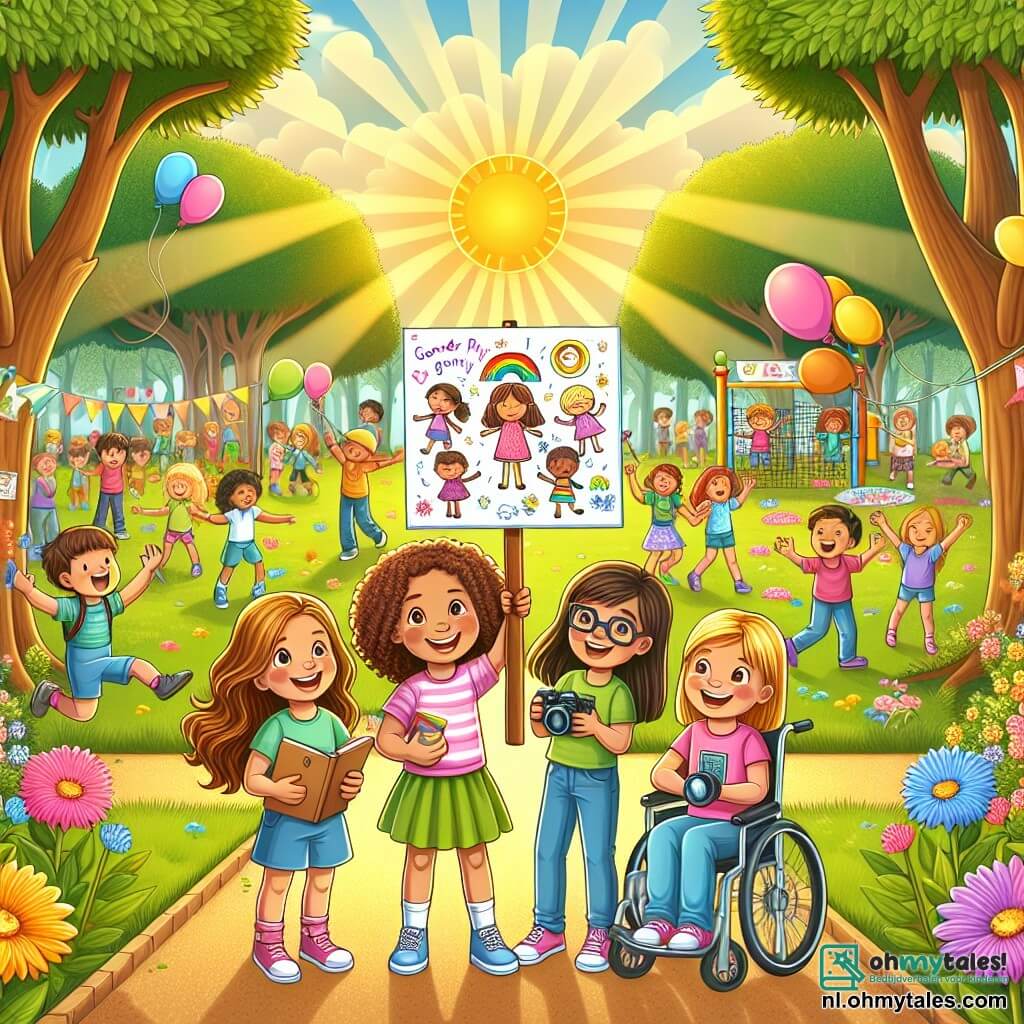 Illustratie van een zonnig park, vol kleurrijke bloemen en majestueuze bomen. In het midden staat een groep van vier meisjes van ongeveer 10 jaar, lachend en enthousiast, rond een grote kleurrijke poster die gendergelijkheid promoot. Een van de meisjes, met krullend bruin haar, houdt een bord met tekeningen van jongens en meisjes die samen spelen. Een ander meisje, met vlechten en een bril, is bezig met het tekenen van illustraties in een schrift. De derde, met blond en steil haar, filmt de scène met een camera, terwijl de vierde, in een rolstoel, glimlacht en haar vriendinnen aanmoedigt. Op de achtergrond doen kinderen van verschillende leeftijden en geslachten mee aan spelletjes, wat een vrolijke en inclusieve sfeer creëert. Kleurrijke ballonnen zweven in de lucht en zonnestralen verlichten de scène, wat hoop en harmonie symboliseert.