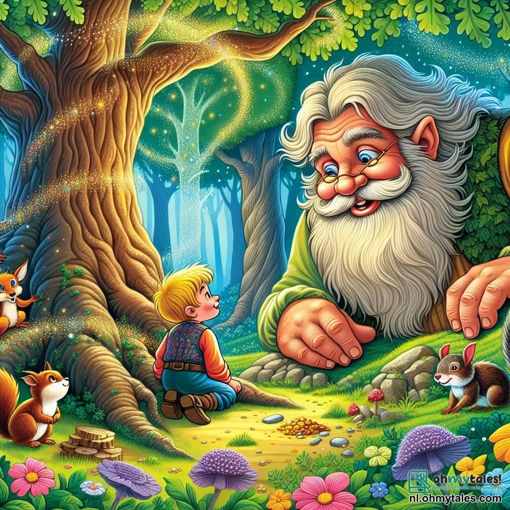 Une illustration sous forme de dessin destinée aux enfants représentant une forêt enchantée avec des arbres gigantesques aux feuilles scintillantes, où un géant bienveillant, avec une longue barbe touffue et des yeux pétillants, se penche pour discuter avec un petit garçon aux cheveux blonds et une eekhoorn espiègle, tandis qu'ils découvrent ensemble un trésor caché sous une vieille Eikenboom, entourés de fleurs colorées et de créatures magiques qui observent la scène avec curiosité.