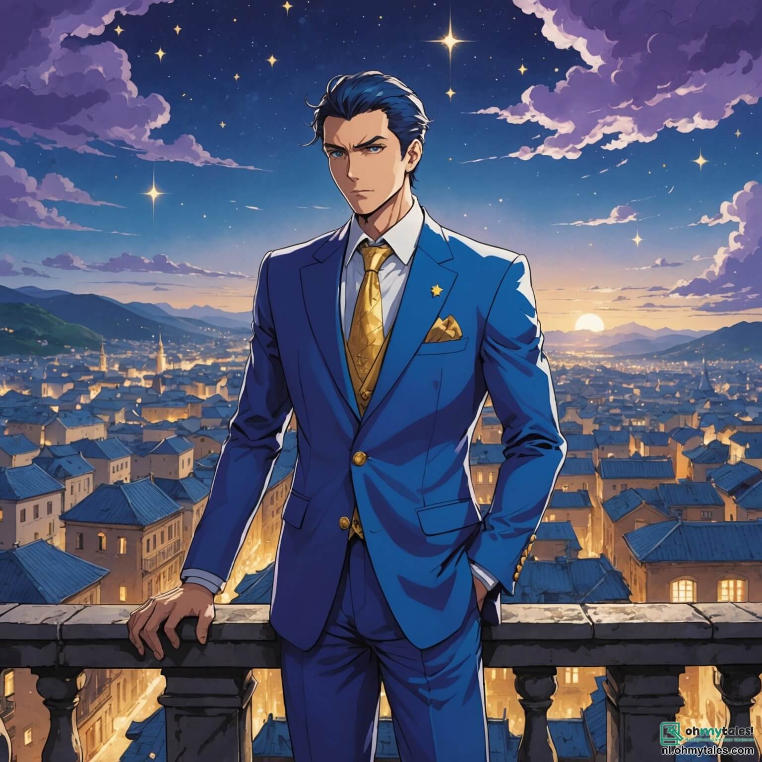 Une illustration destinée aux enfants représentant un homme à la stature imposante, vêtu d'un costume bleu éclatant orné d'étoiles dorées qui scintillent comme des diamants, se tenant vaillamment sur un balcon surplombant la ville de Lumastra, une cité magique où les nuages sont d'un violet éclatant et les rues pavées de pierres brillantes, tandis qu'il se prépare à affronter une ombre menaçante, incarnée par un vilain enveloppé dans une cape noire, qui s'apprête à plonger la ville dans l'obscurité, tandis qu'un jeune policier au grand cœur, un garçon courageux, se tient à ses côtés, prêt à l'aider à protéger les habitants effrayés qui, derrière eux, regardent avec espoir et détermination, leurs visages illuminés par la lumière dorée du soleil levant.