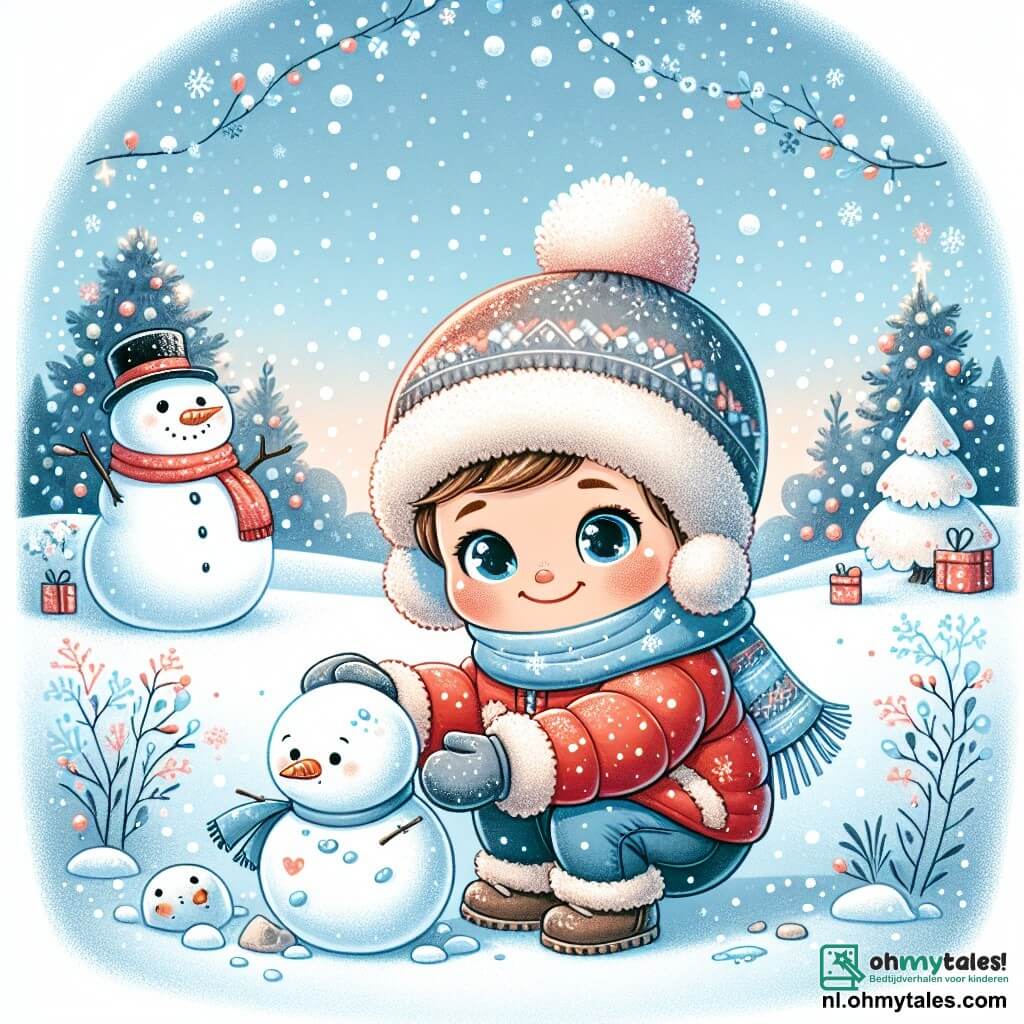 Illustratie van een betoverend winterlandschap, met een grond bedekt met een dikke laag glinsterende sneeuw onder een heldere blauwe lucht vol vallende sneeuwvlokken. In het midden staat een jongetje van 1 jaar met roze wangen en sprankelende ogen, gekleed in een grote rode jas, een blauwe sjaal en een muts met pompon. Hij is bezig een sneeuwbal op te rapen met zijn kleine handen, een grote glimlach verlicht zijn gezicht. Naast hem staat een vrouw van ongeveer dertig jaar met lang bruin haar en een warme glimlach, gekleed in een zwarte donsjas, die het jongetje helpt een mooie sneeuwman te bouwen door stenen voor de ogen van de sneeuwman te plaatsen. Op de achtergrond danst een schattige sneeuwman, een kerstboom versierd met glinsterende slingers, en sneeuwvlokken zweven door de lucht, wat een vrolijke en magische sfeer creëert.