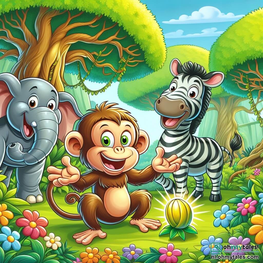 Une illustration sous forme de dessin destinée aux enfants représentant une jungle luxuriante avec des arbres géants et des fleurs colorées, où un singe espiègle avec une fourrure brune et une longue queue enroulée est en train de faire des grimaces tout en riant, entouré de ses amis : une grande éléphante grise qui sourit et une zebra rayée qui applaudit, alors qu'ils célèbrent un festival de blagues avec une grande banane dorée au centre, symbolisant la joie et l'amitié entre les animaux.