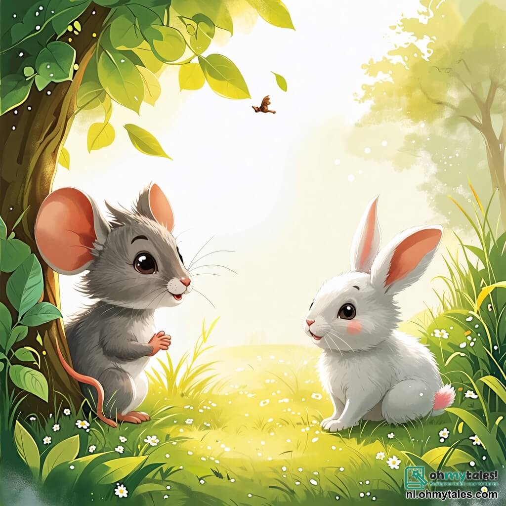 Une illustration sous forme de dessin destinée aux enfants représentant une charmante clairière ensoleillée, où une petite souris aux grandes oreilles et à la fourrure grise, avec un sourire espiègle, se cache derrière une grande plante verte, tandis qu'un adorable lapin aux poils blancs et aux yeux pétillants, comptant joyeusement jusqu'à dix, cherche sa meilleure amie, créant une atmosphère ludique et amicale pleine de rires et d'aventures.