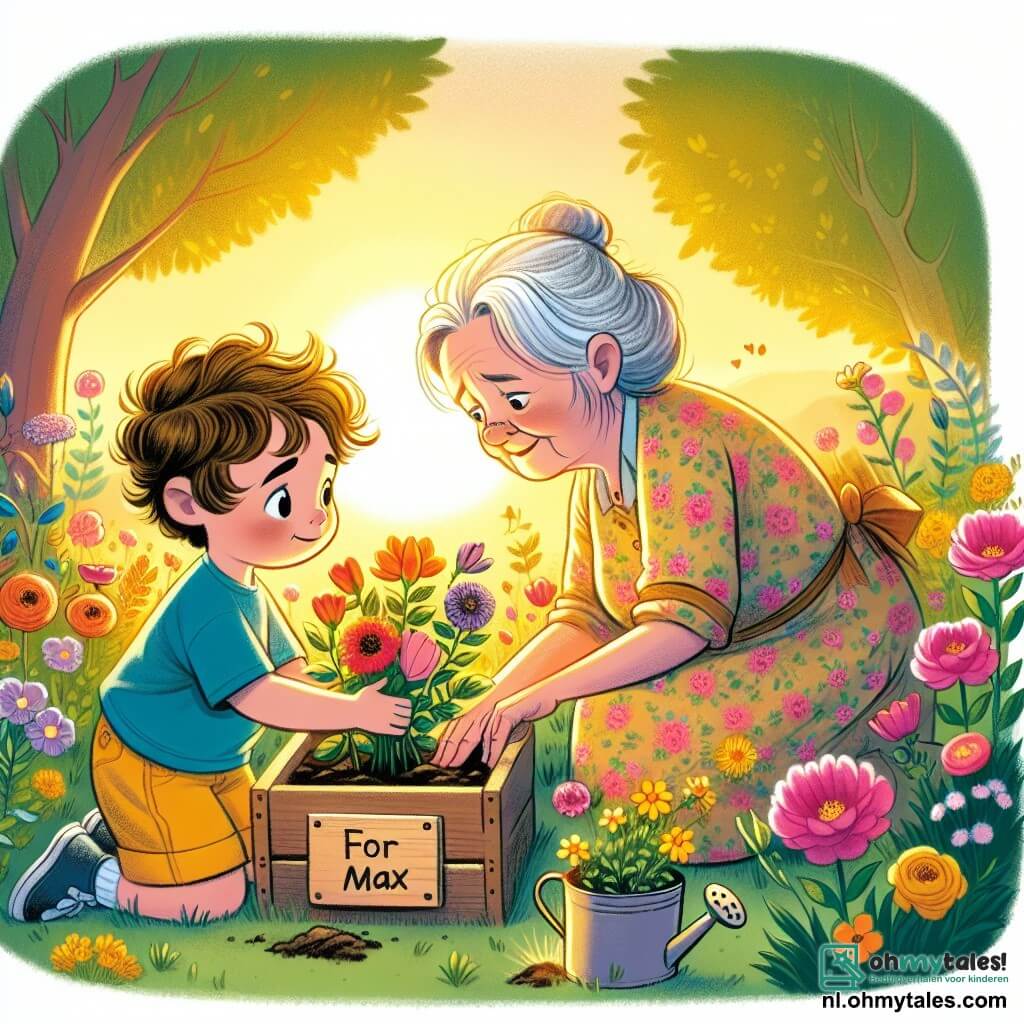 Une illustration sous forme de dessin destinée aux enfants représentant un jardin ensoleillé, rempli de fleurs colorées, où un garçon de 5 ans aux cheveux bruns et bouclés, portant un t-shirt bleu et un short jaune, s'agenouille avec un sourire doux en plantant des fleurs autour d'un petit panneau en bois marqué "Pour Max", tandis qu'une femme âgée aux cheveux argentés, vêtue d'une robe florale, l'observe avec tendresse, leur montrant ainsi comment honorer la mémoire d'un ami perdu dans un moment de partage et de réconfort.