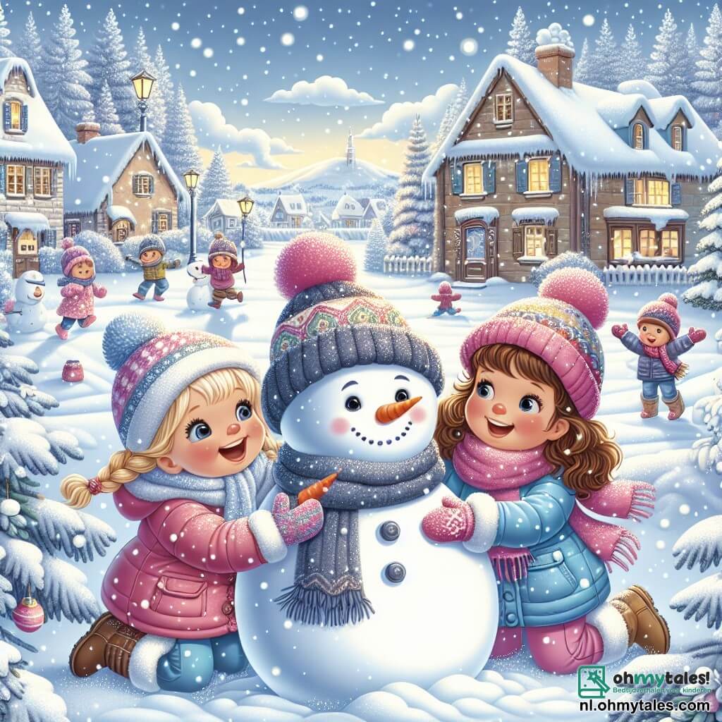 Illustratie van een betoverend winterlandschap, met een pittoresk dorpje bedekt met een dikke laag glinsterende sneeuw onder een heldere blauwe lucht. In het midden van de scène bouwen twee kleine meisjes, het ene met blond haar en vlechten, gekleed in een roze jas en bijpassende muts, en het andere met bruin, krullend haar, in een blauwe parka en een kleurrijke sjaal, een sneeuwpop. De sneeuwpop, met een grote glimlach, heeft een zwarte hoed en een wortel als neus, terwijl de meisjes vrolijk lachen. Op de achtergrond spelen andere kinderen met sneeuwballen en besneeuwde dennenbomen voegen een vleugje magie toe aan het geheel. Sneeuwvlokken vallen zachtjes uit de lucht, wat een warme en feestelijke sfeer creëert.