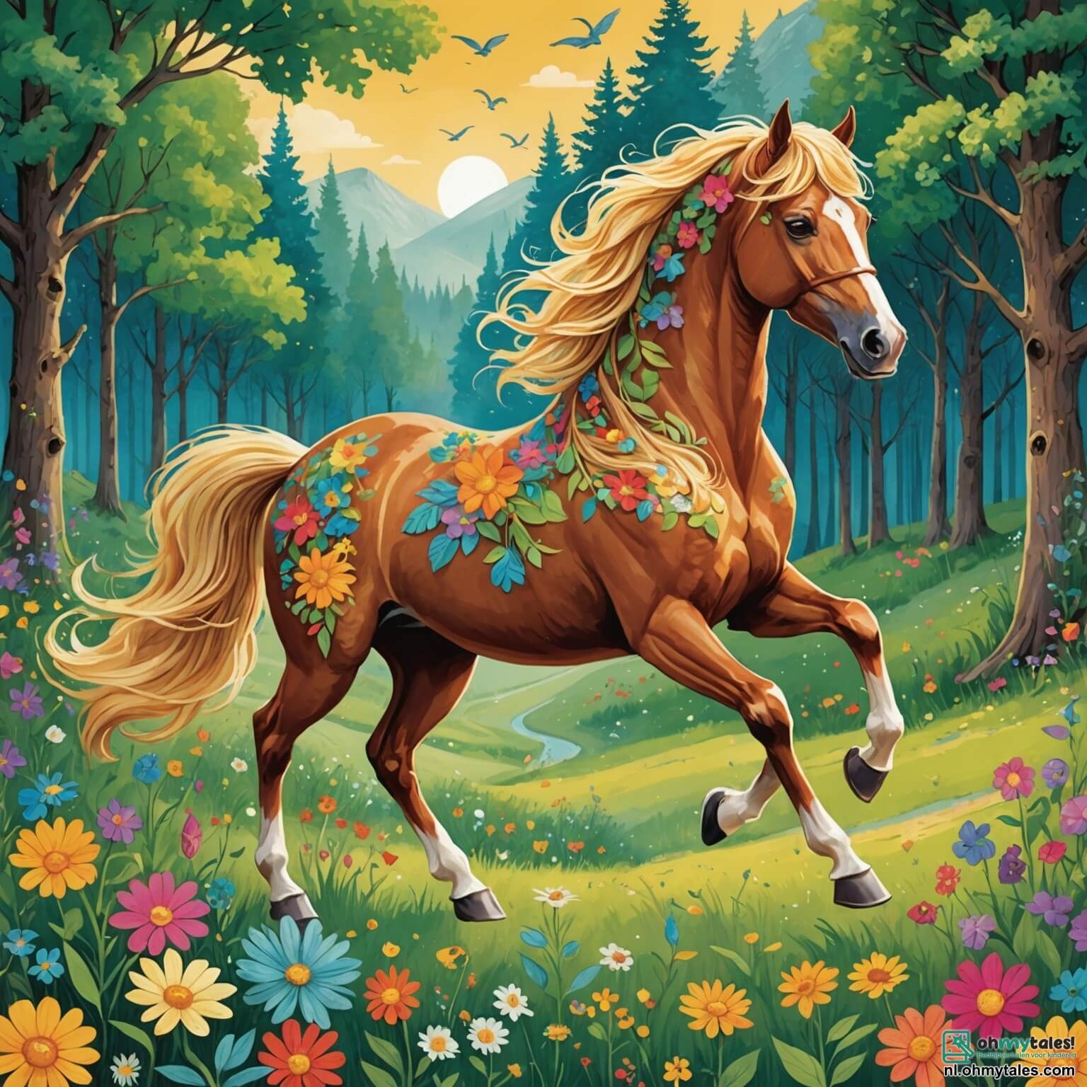Une illustration destinée aux enfants représentant un majestueux cheval à la crinière dorée scintillante sous le soleil, galopant avec détermination à travers une vaste prairie parsemée de fleurs colorées dans un royaume enchanteur, où des petits lapins aux yeux pétillants et des oiseaux aux plumes chatoyantes l'encouragent à poursuivre son rêve d'aventure, tout en s'approchant d'une forêt mystérieuse aux arbres imposants dont les feuilles dansent au gré du vent, créant une atmosphère à la fois magique et intrigante.
